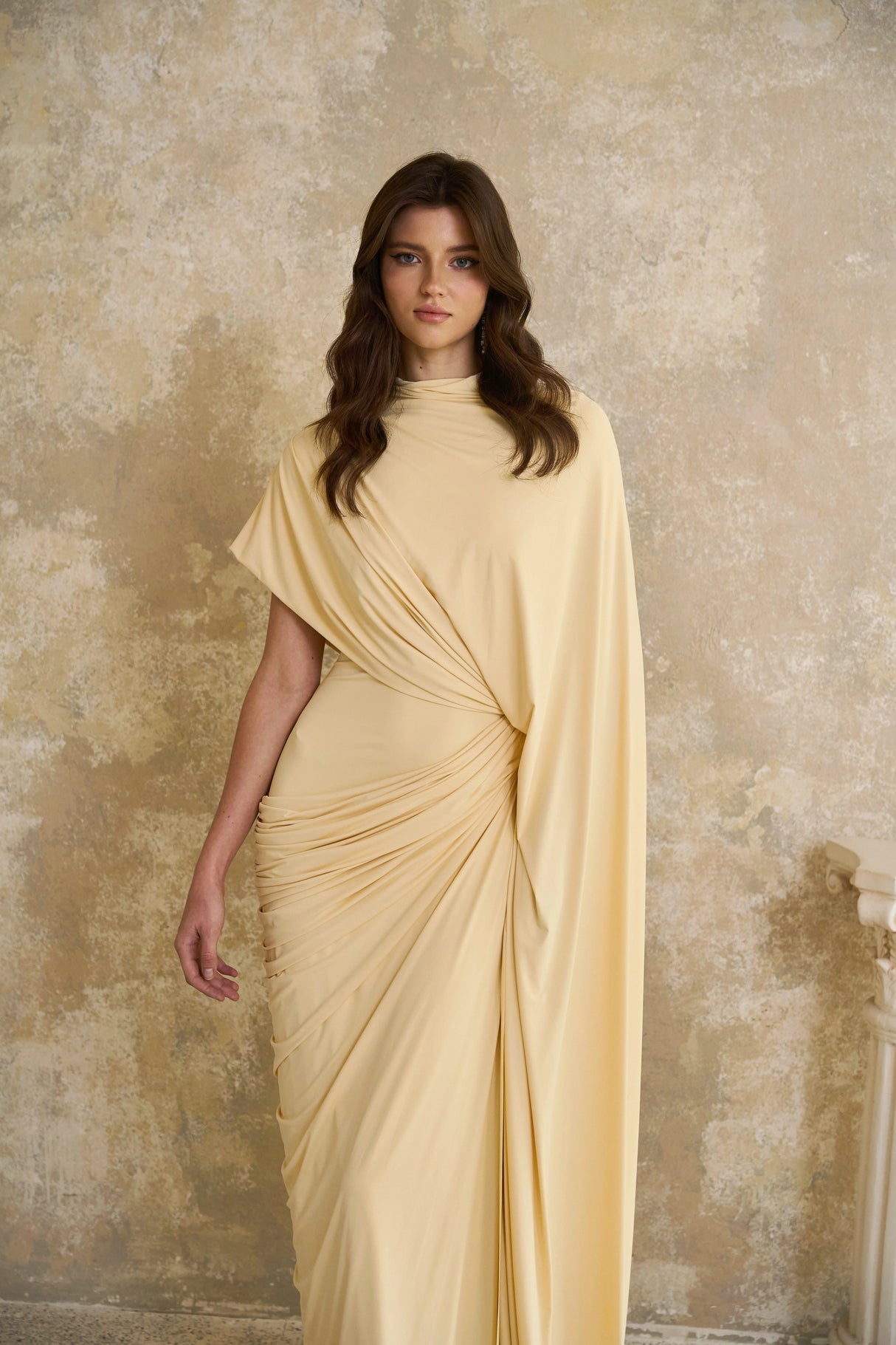 Fenella Yellow Asymmetrical Draped Cape Dress Matching Set
