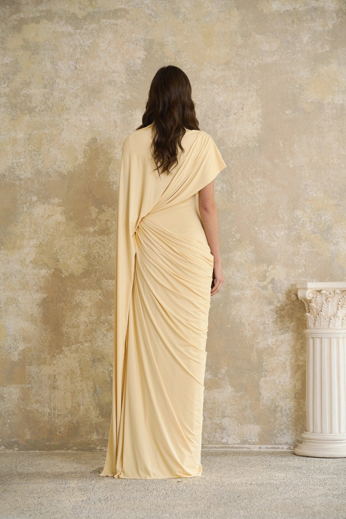 Fenella Yellow Asymmetrical Draped Cape Dress Matching Set