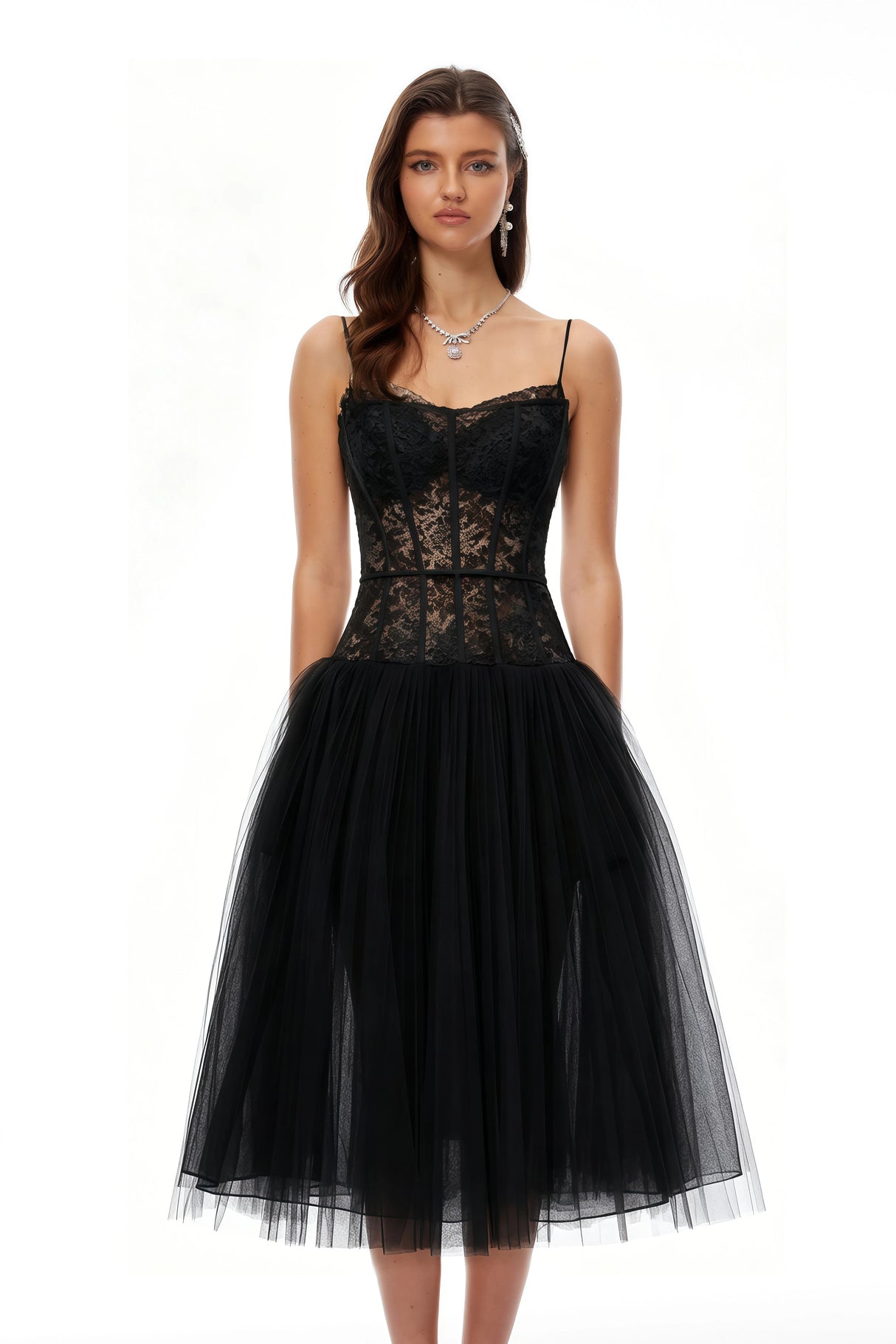 Feriha Black Lace Corset Pleated Midi Dress