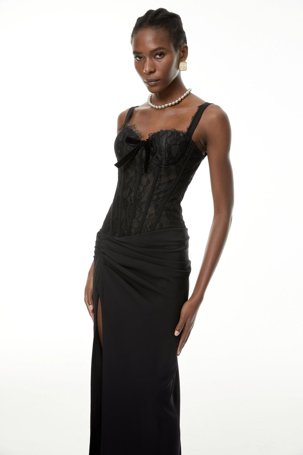 Francesca Black High Slit Floral Lace Maxi Dress