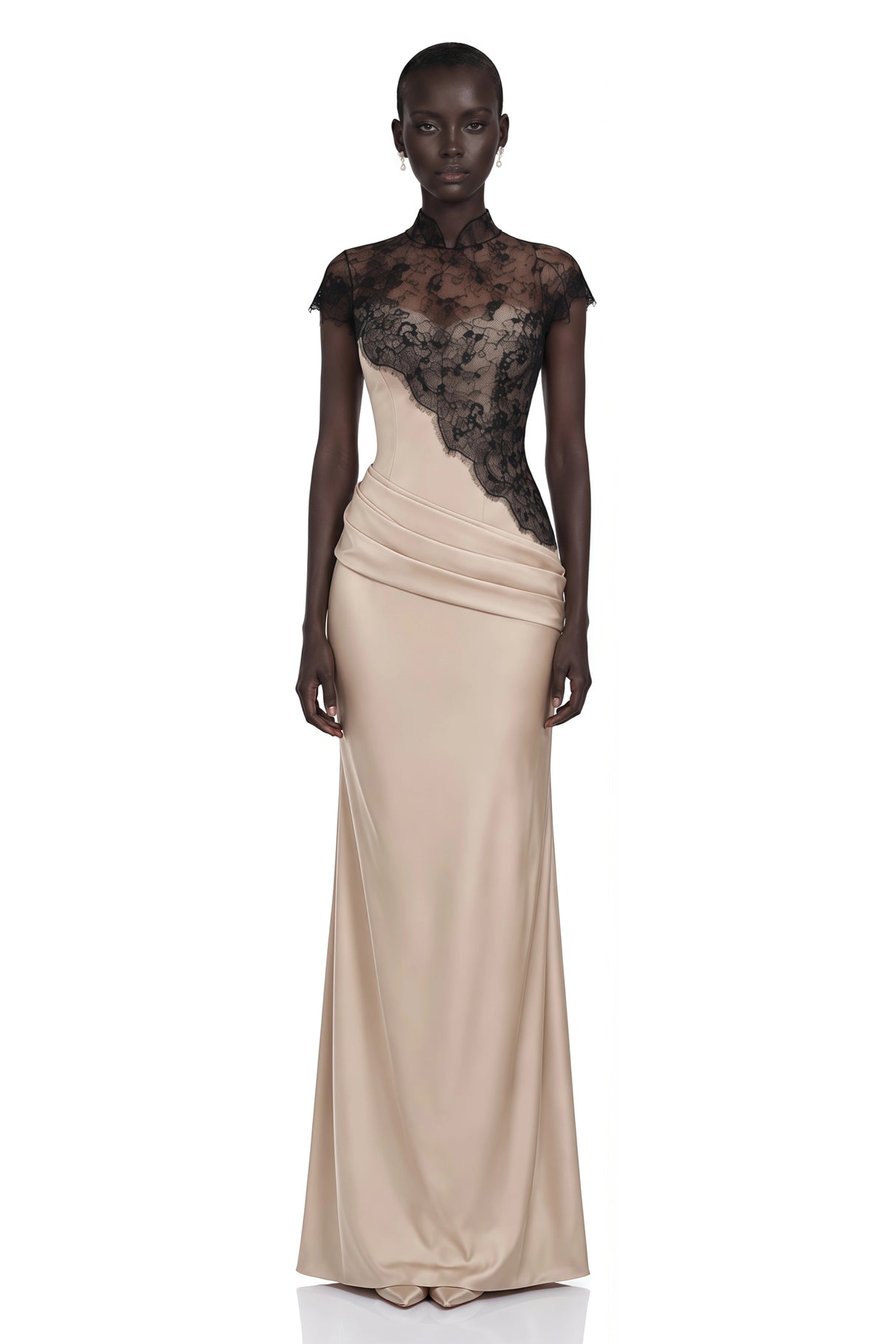 Francesca Neutral Ruched Maxi Dress Lace Cape Set