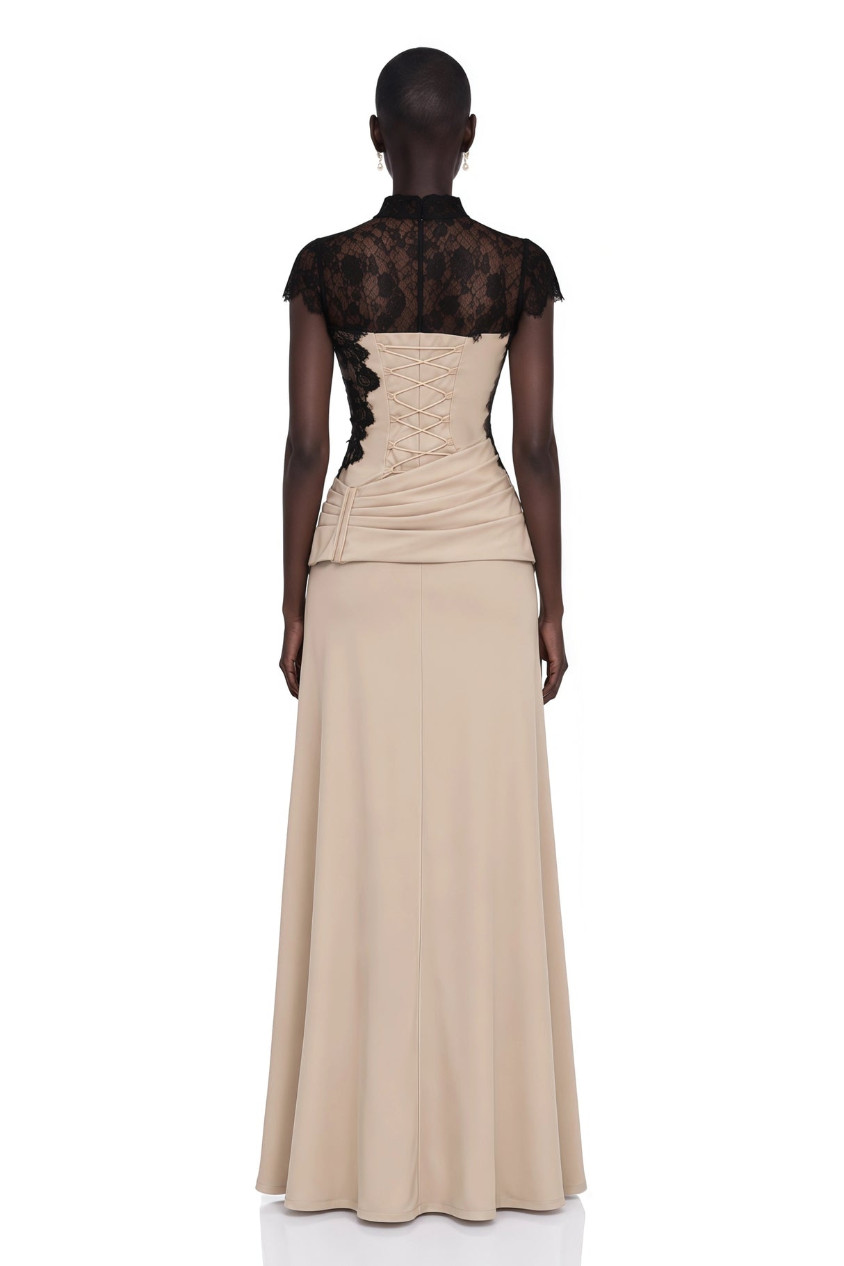 Francesca Neutral Ruched Maxi Dress Lace Cape Set