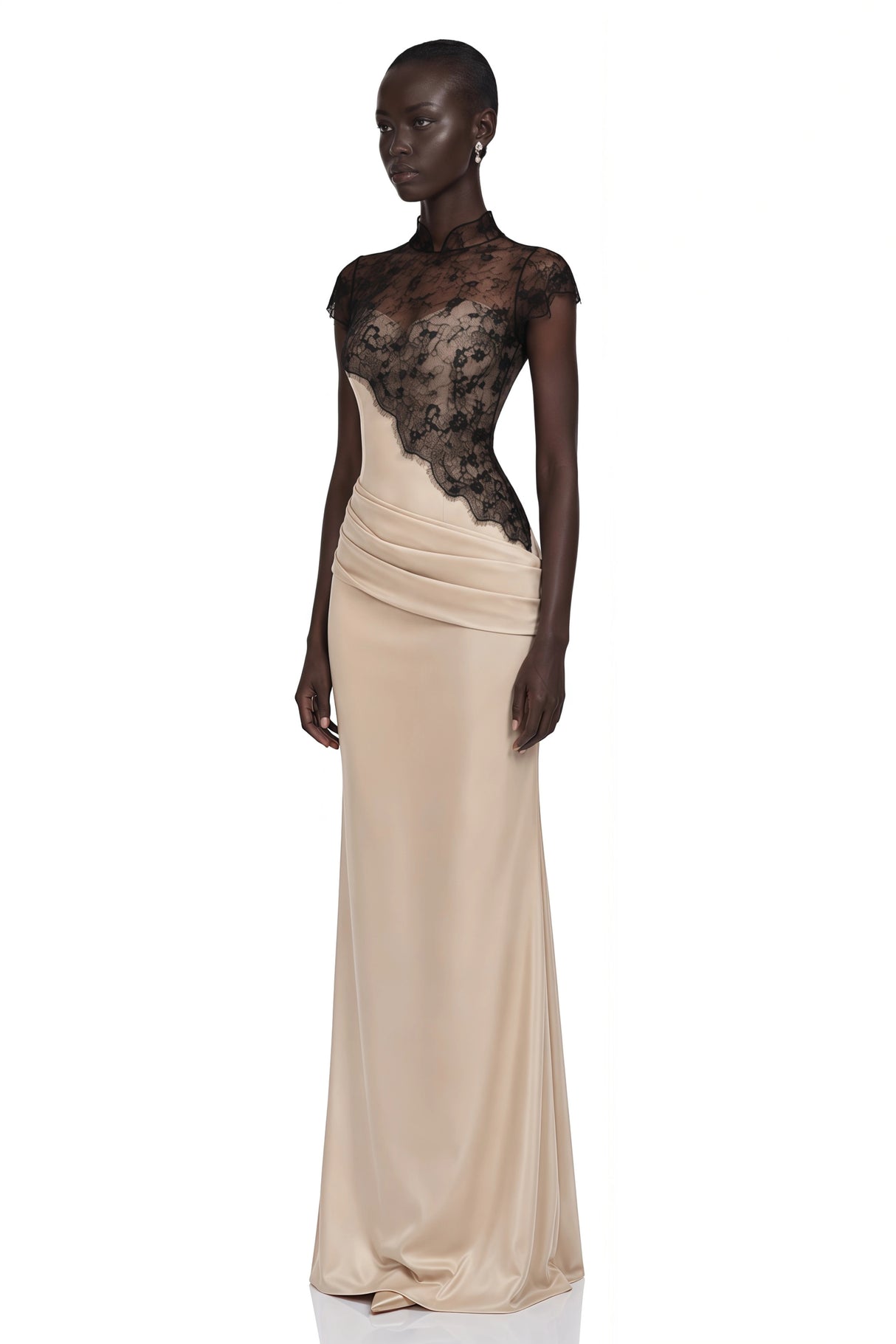 Francesca Neutral Ruched Maxi Dress Lace Cape Set