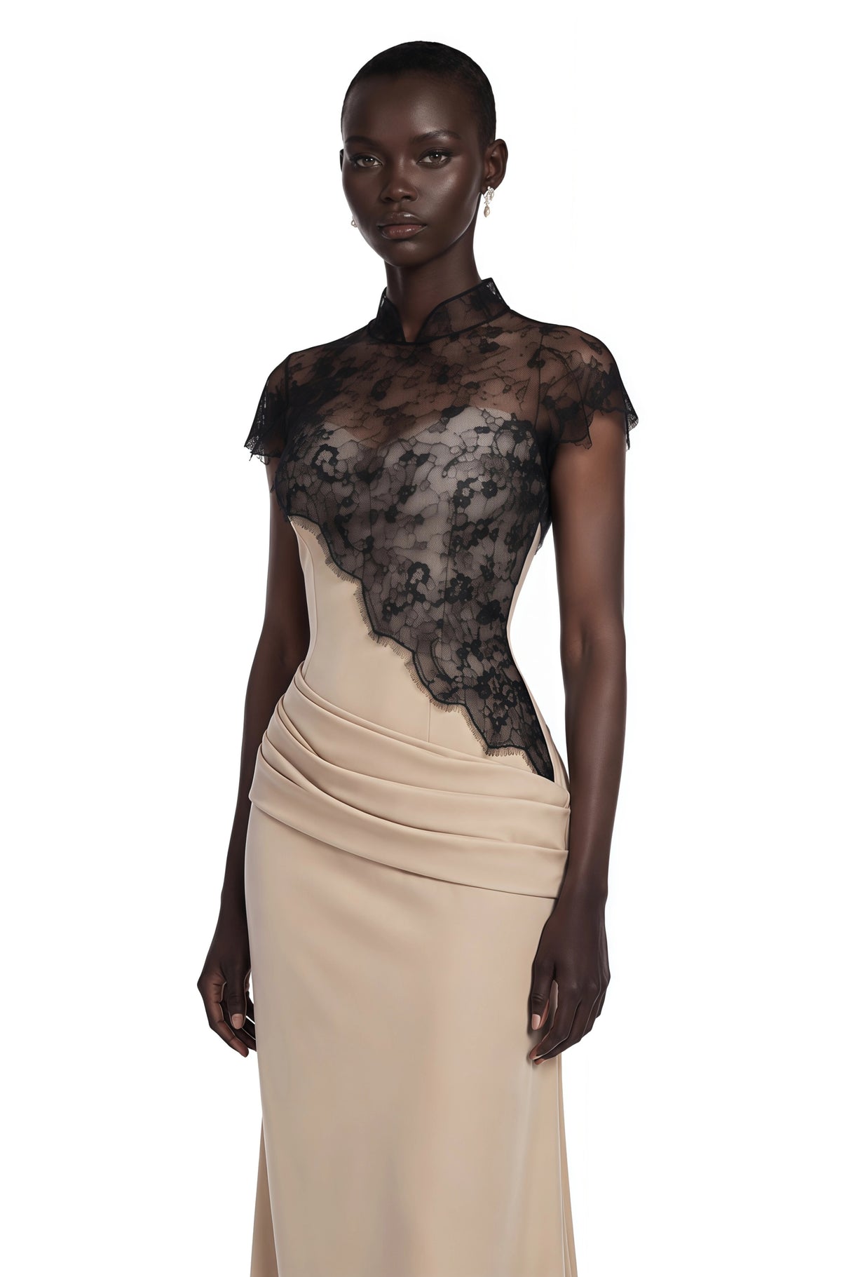 Francesca Neutral Ruched Maxi Dress Lace Cape Set