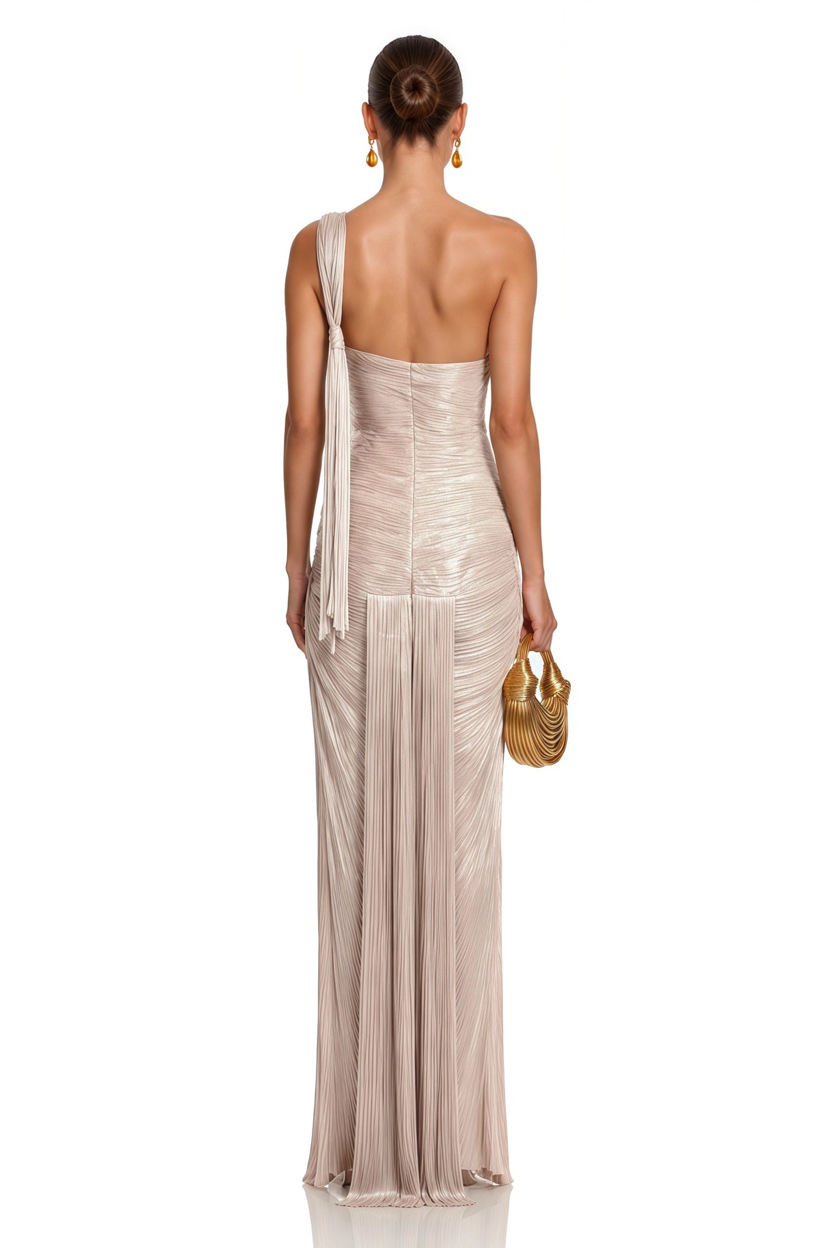 Frederica Champagne One Shoulder Pleated Maxi Dress