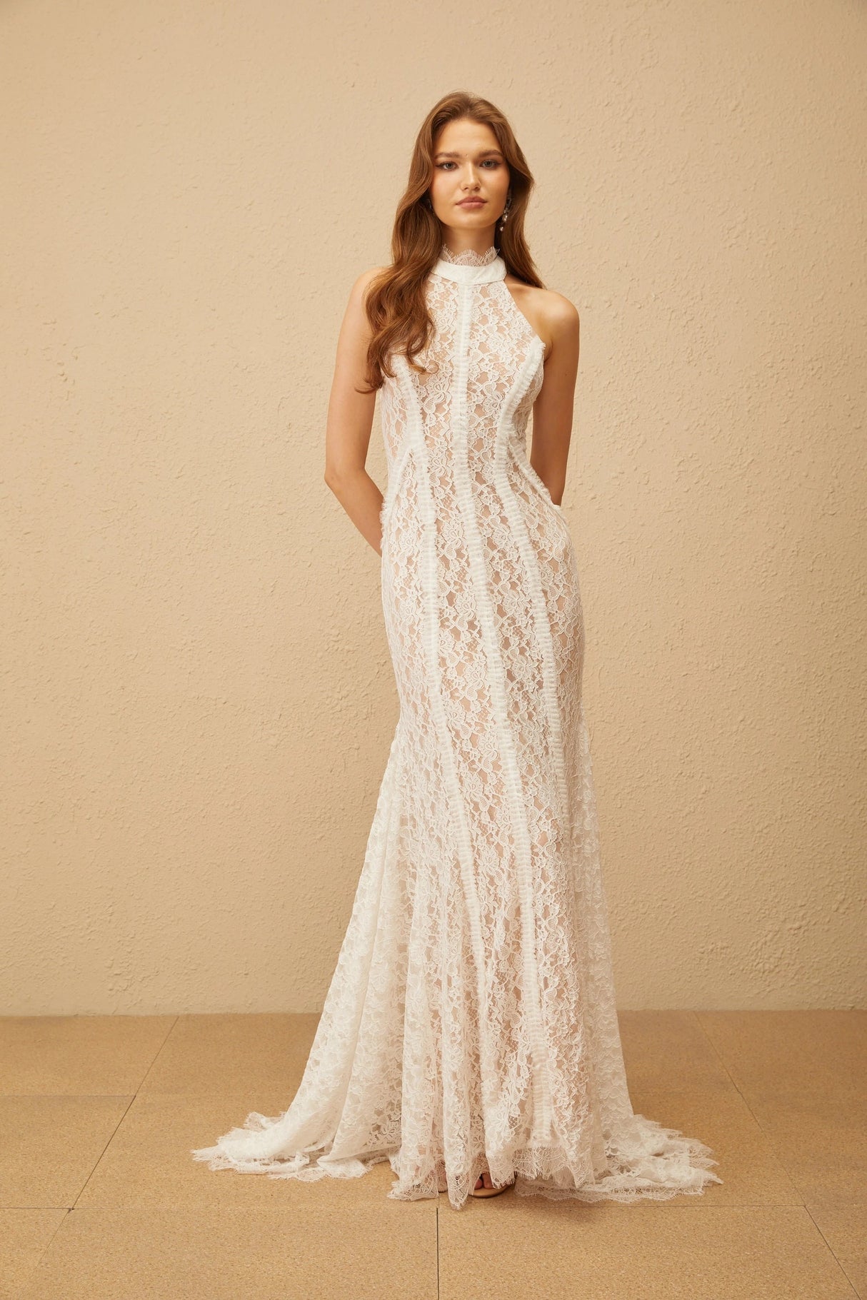 Gaëlle White Train Design Lace Maxi Dress