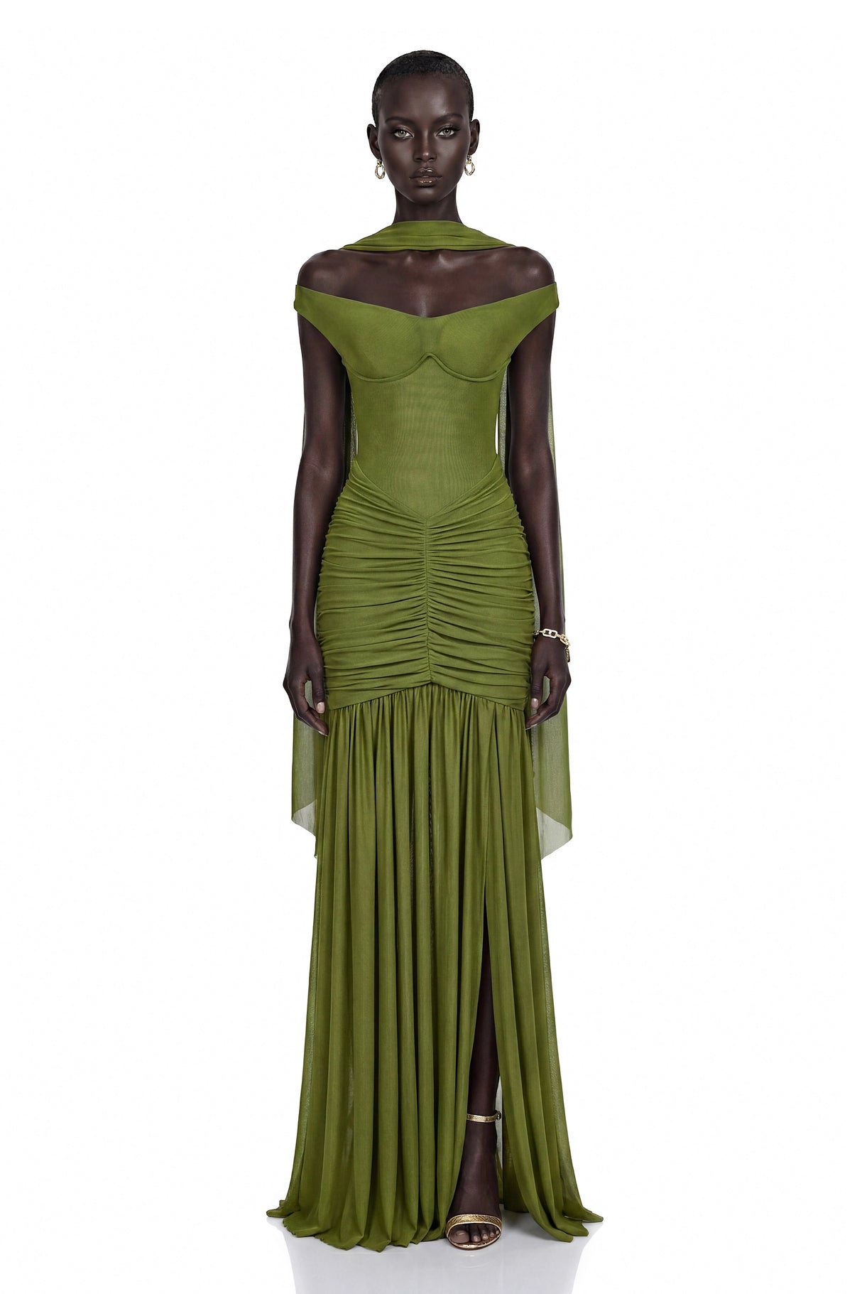 Geneviève Green Off Shoulder Ruched Maxi Dress