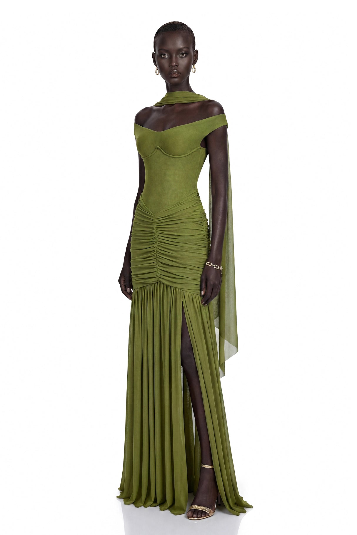 Geneviève Green Off Shoulder Ruched Maxi Dress