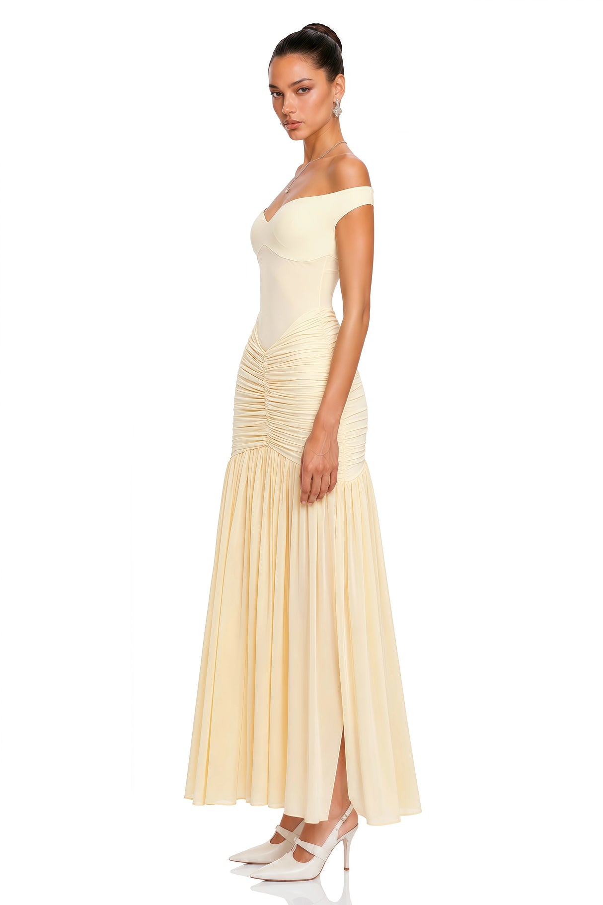 Geneviève Yellow Off Shoulder Ruched Maxi Dress