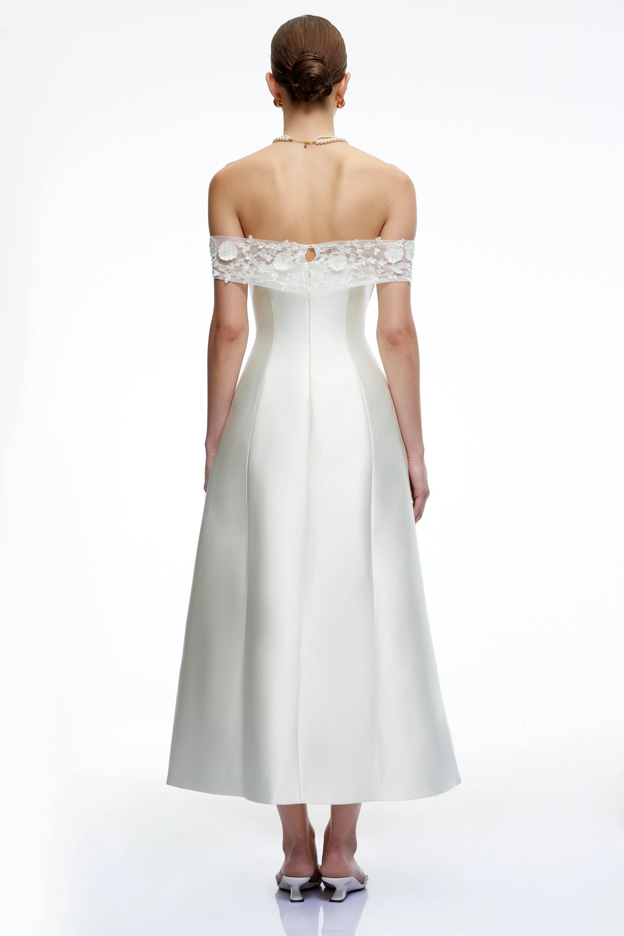 Genevra White Off Shoulder ALine Midi Dress with Lace Trim