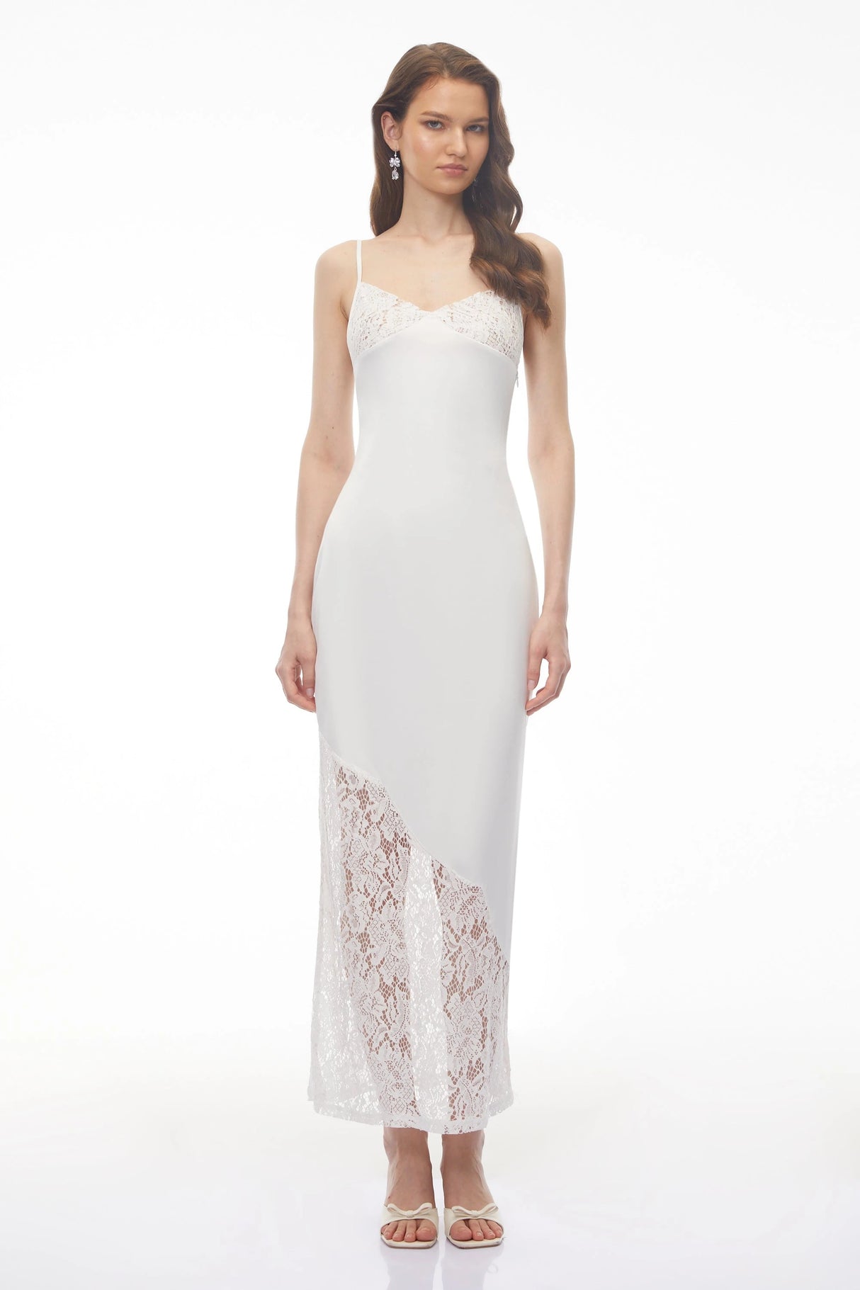 Georgia White Vneck Floral Lace Satin Panelled Maxi Dress