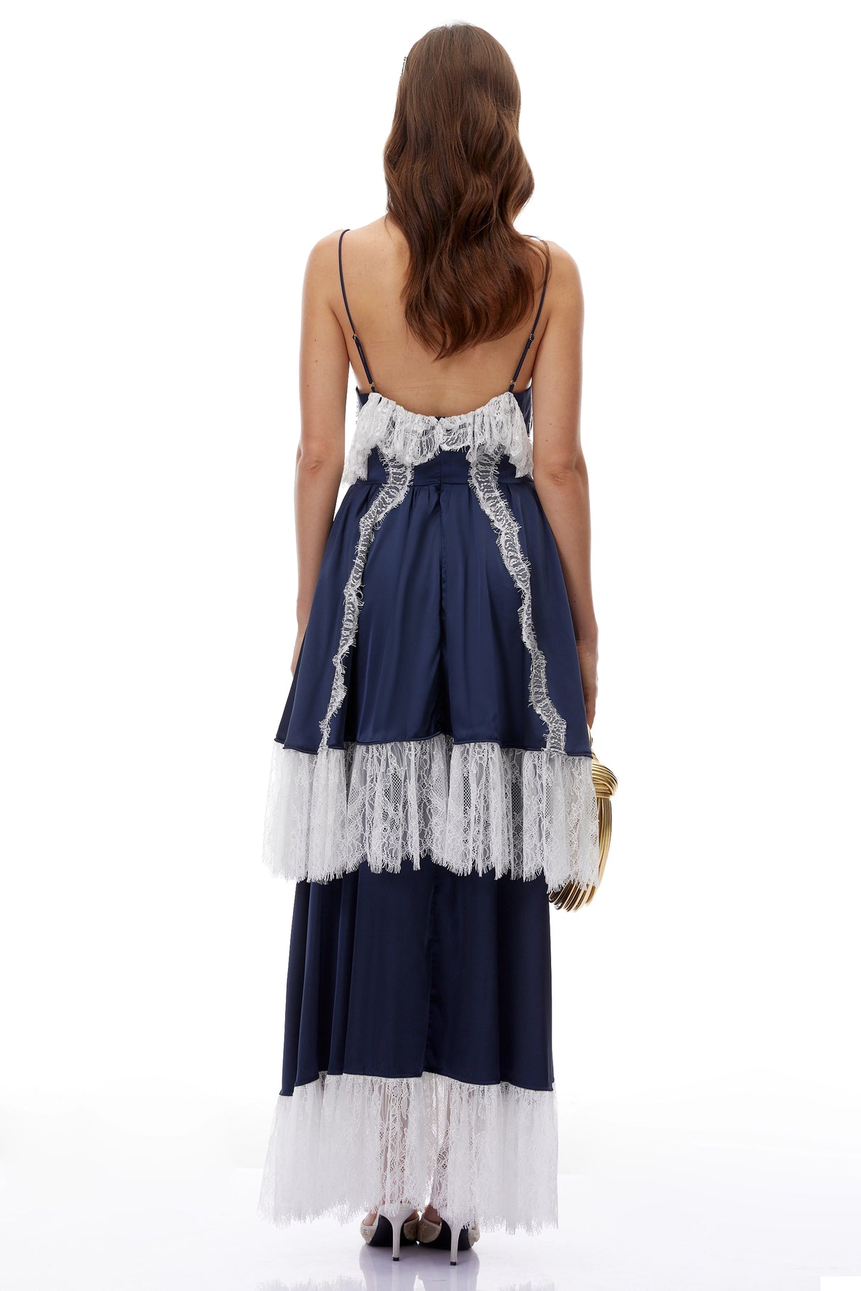 Geraldine Navy Blue Ruffled Maxi Dress with Lace Trim