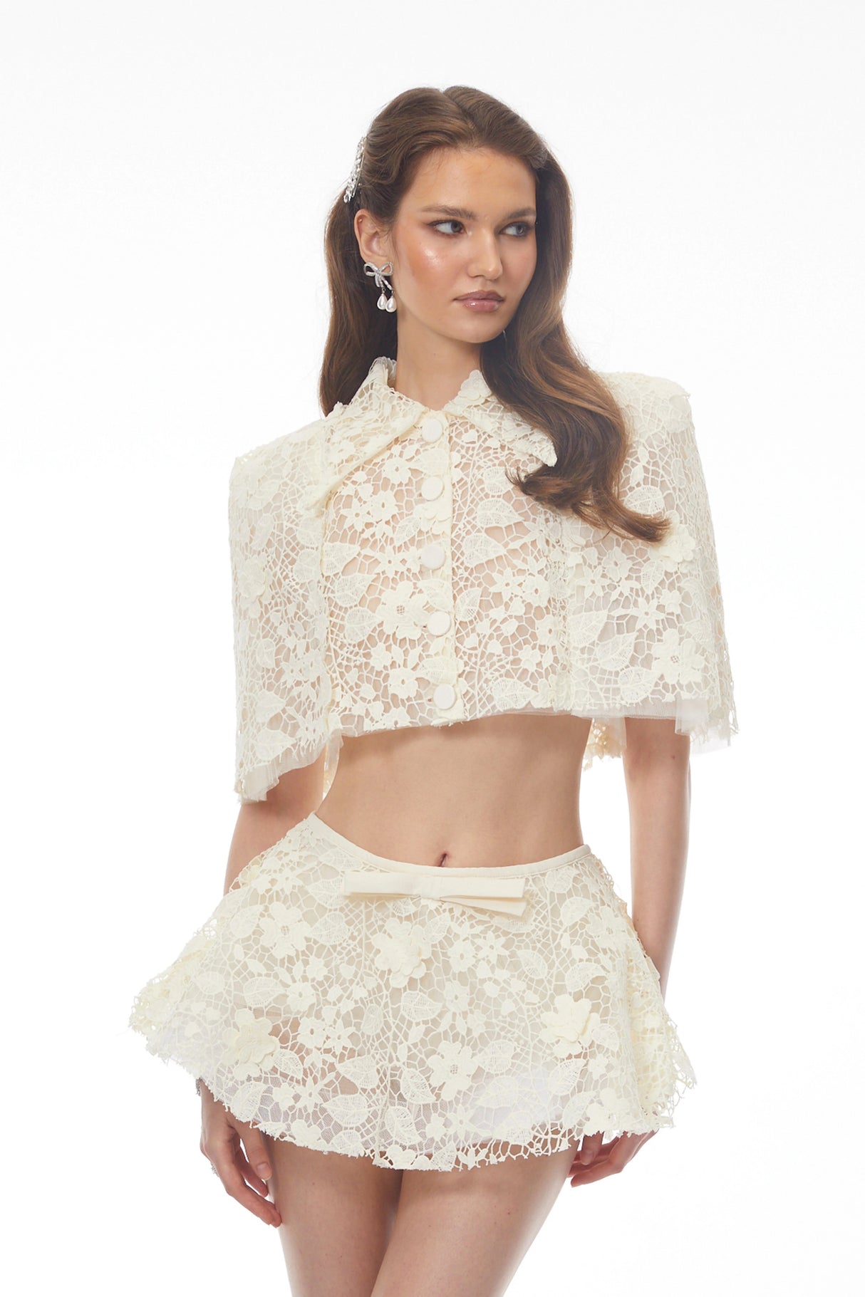 Gerhard Cream Floral Embroidered Cape Skirt Set