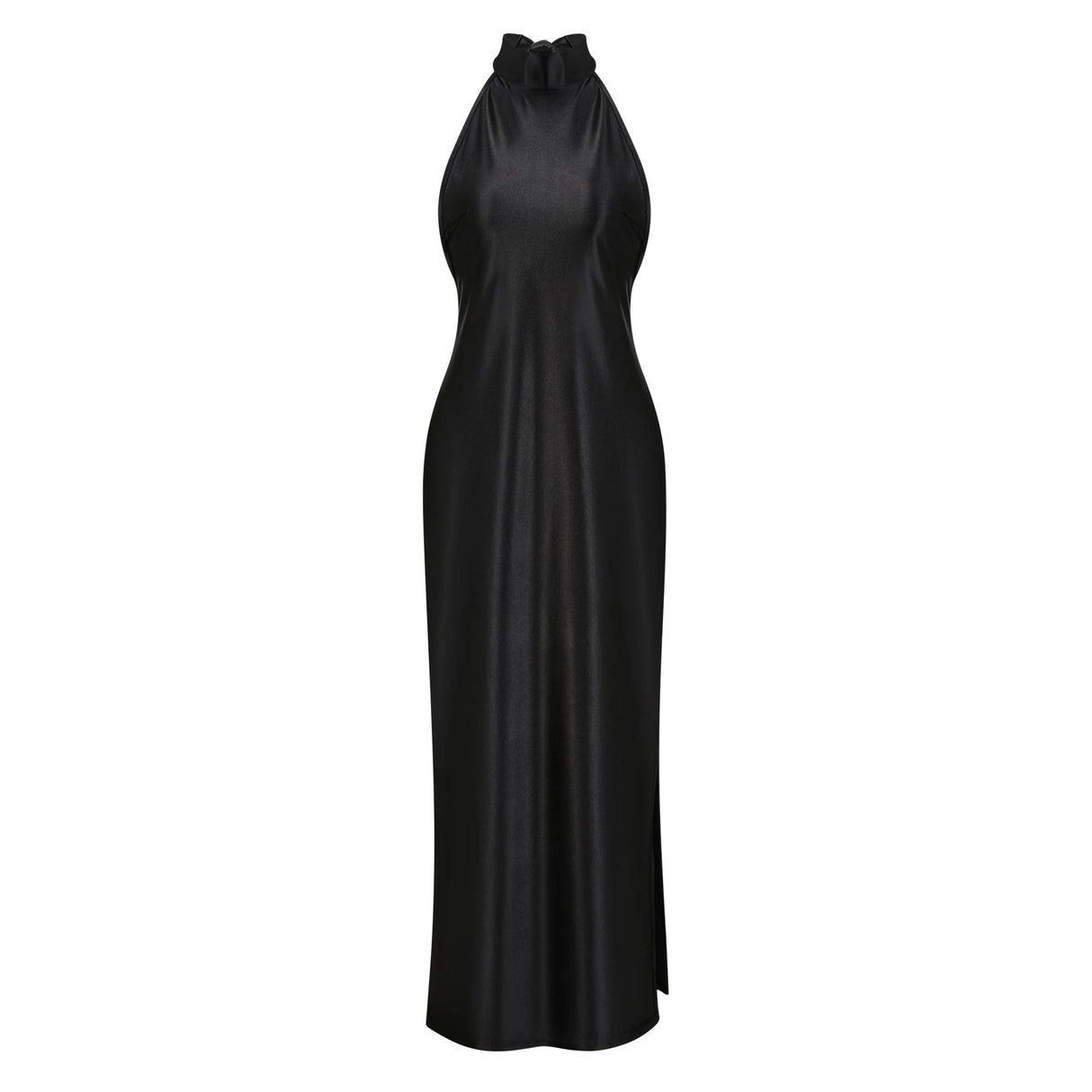 Ginevra black halterneck fauxpearl satin maxi dress