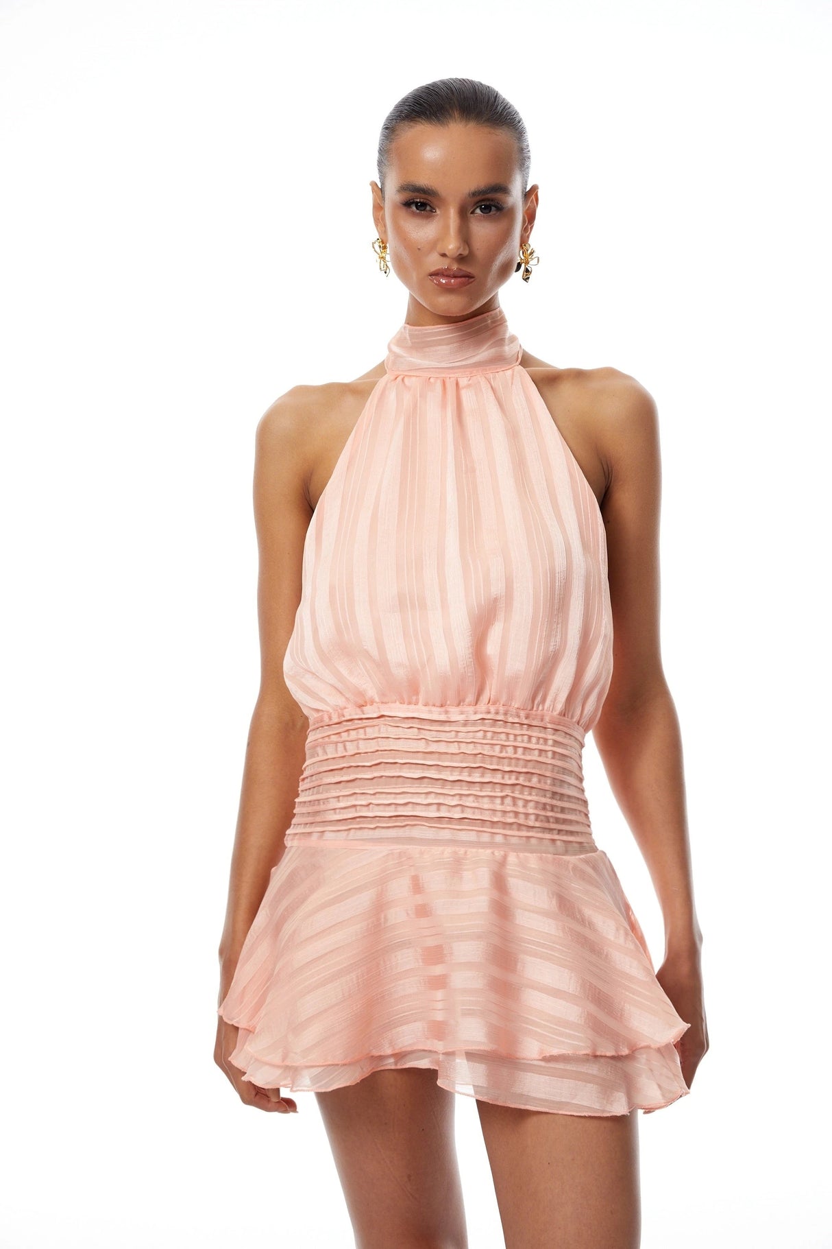 Ginevra Pink Halterneck Pleated Chiffon Mini Dress