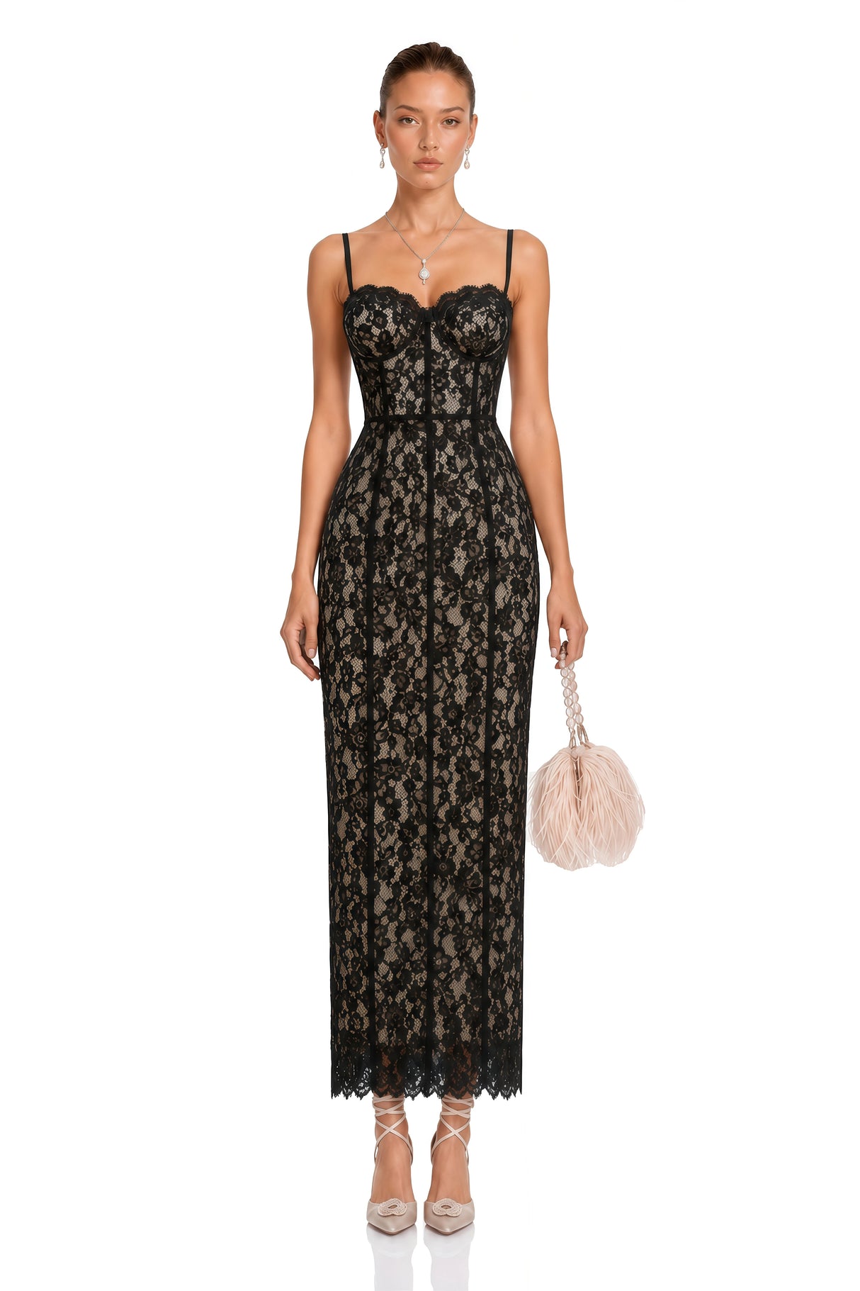 Giorgia Black Floral Lace Corset Maxi Dress