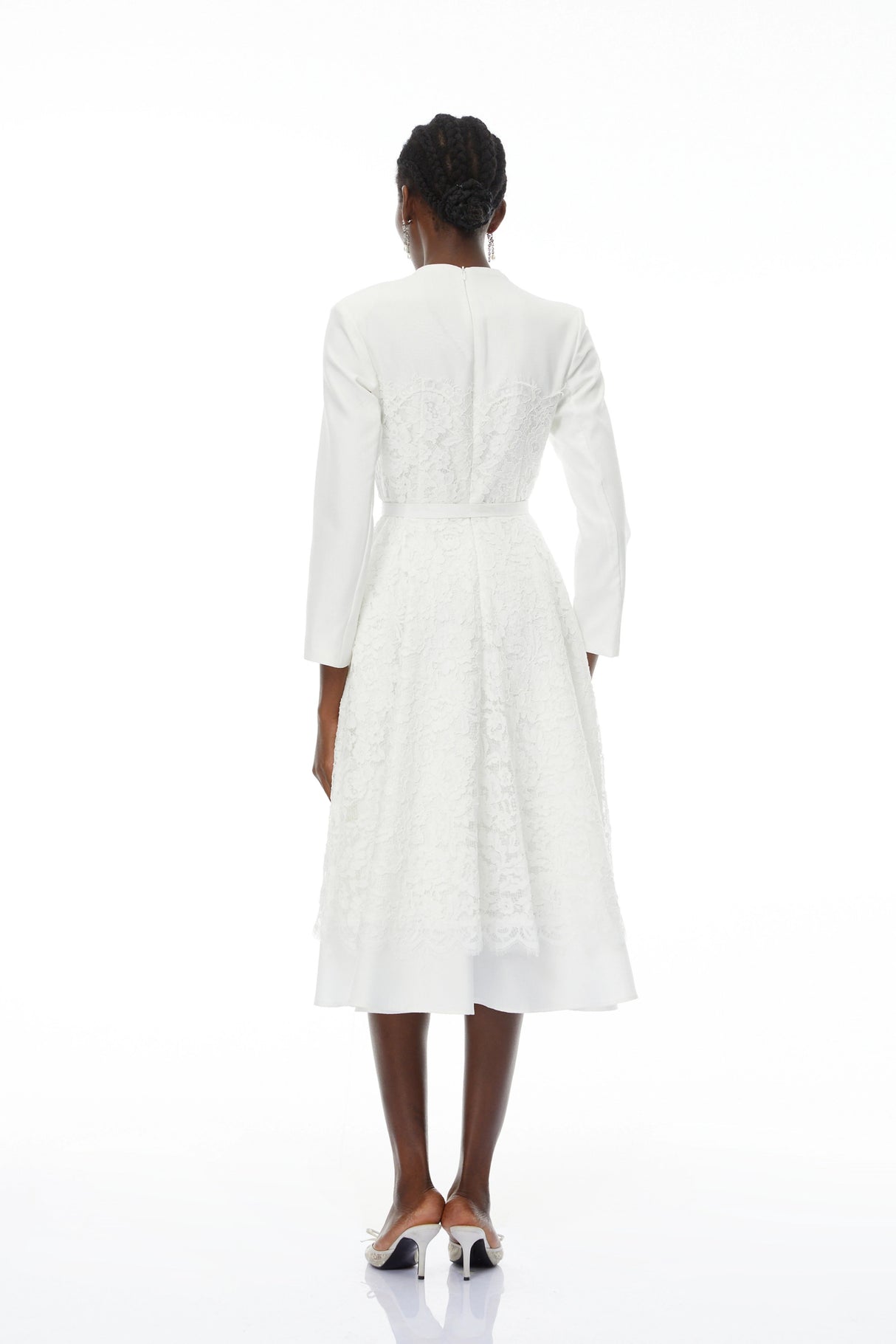 Giuseppin White VNeck Lace Panel Midi Dress