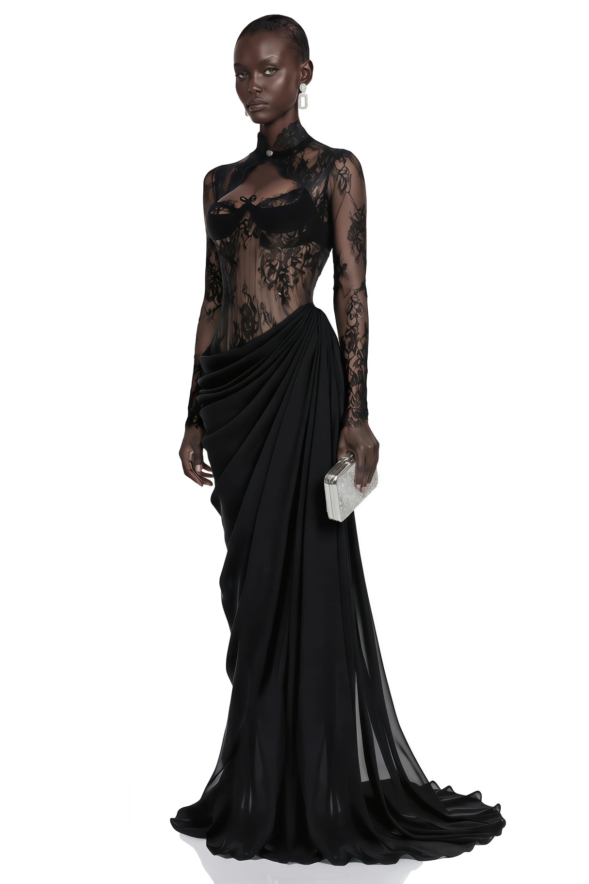 Gracie Black Ruched Maxi Dress with Lace Panels