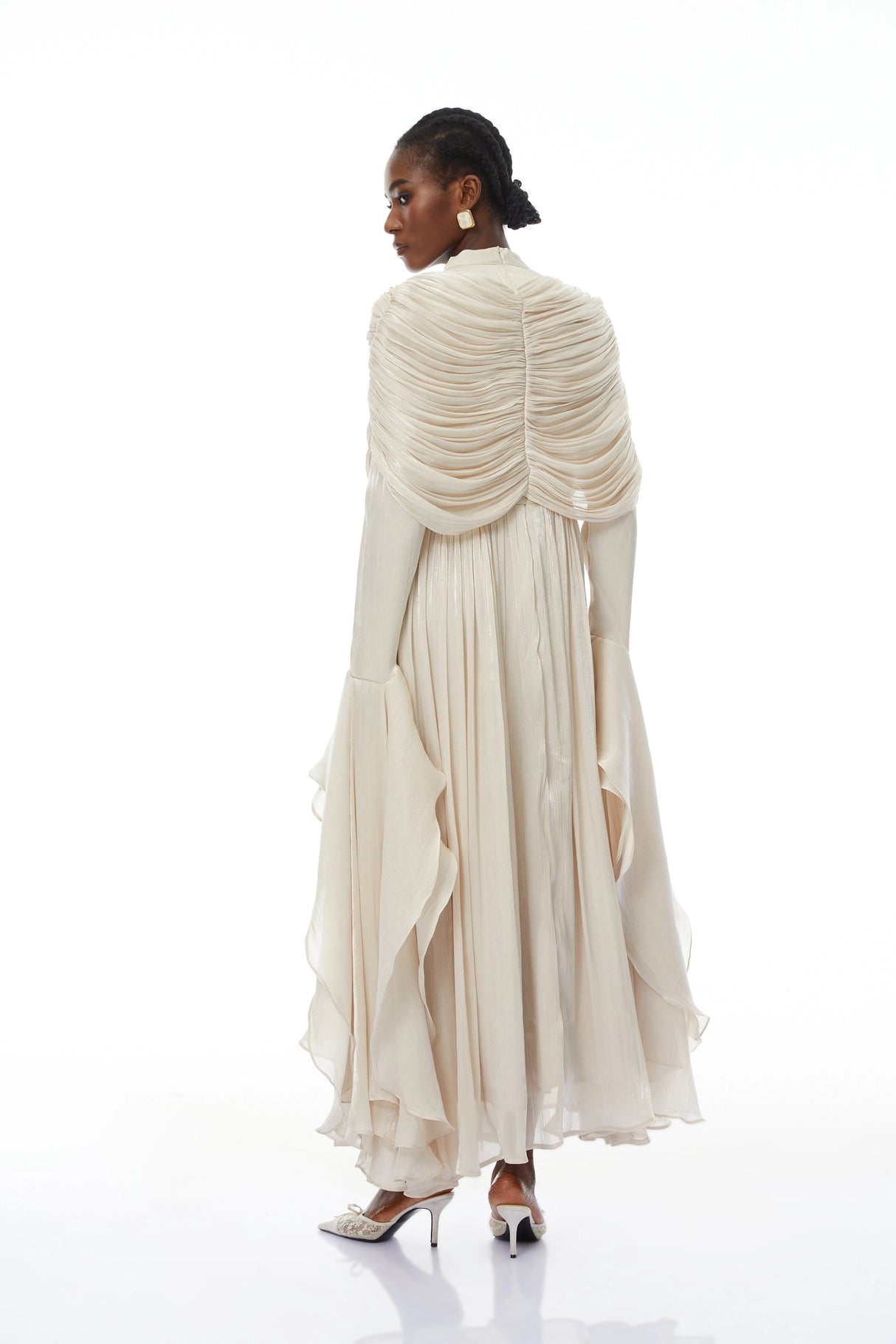 Gustave Neutral Ruched Cape Ruffled Maxi Dress