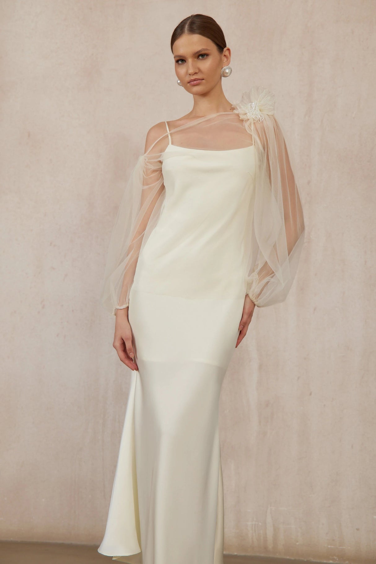 Héloïse White Floral Tulle Blouse Satin Dress Set