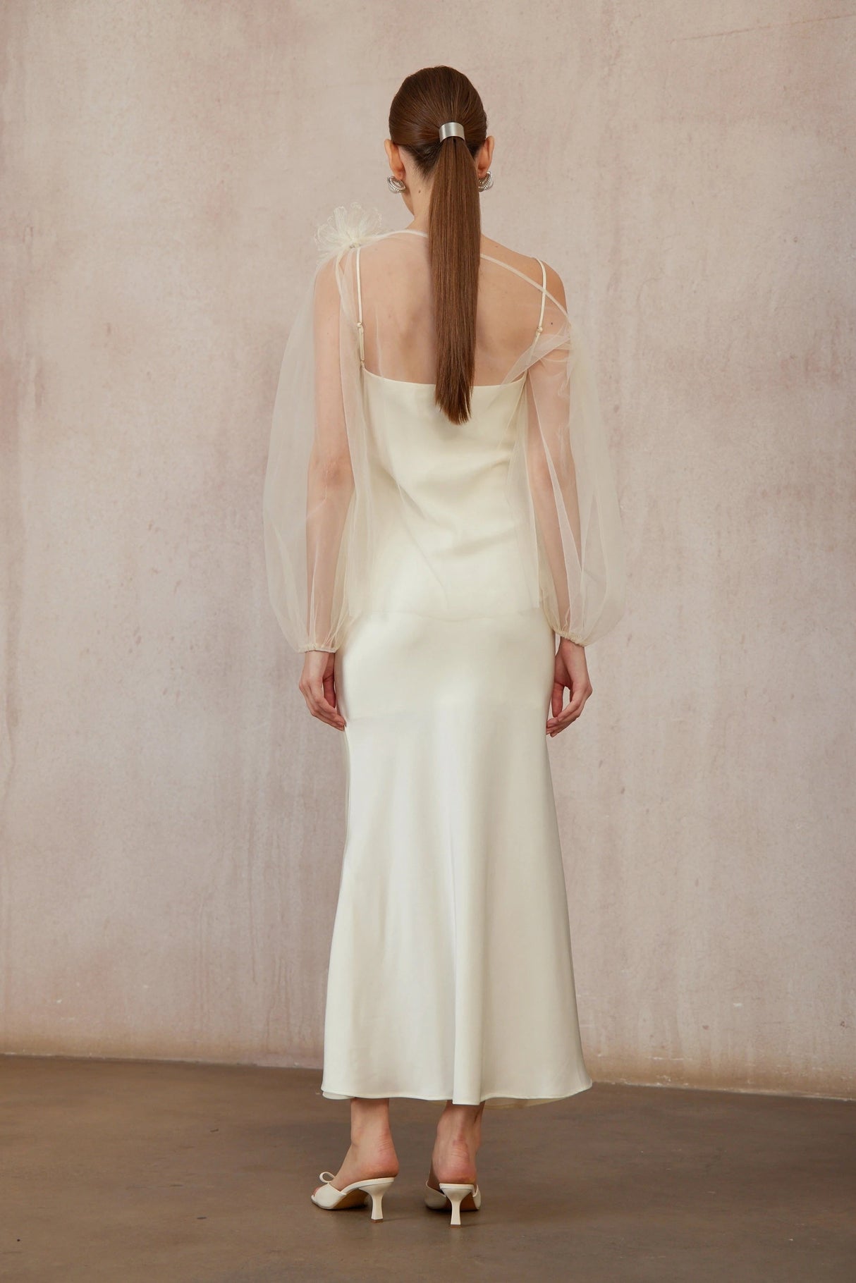 Héloïse White Floral Tulle Blouse Satin Dress Set