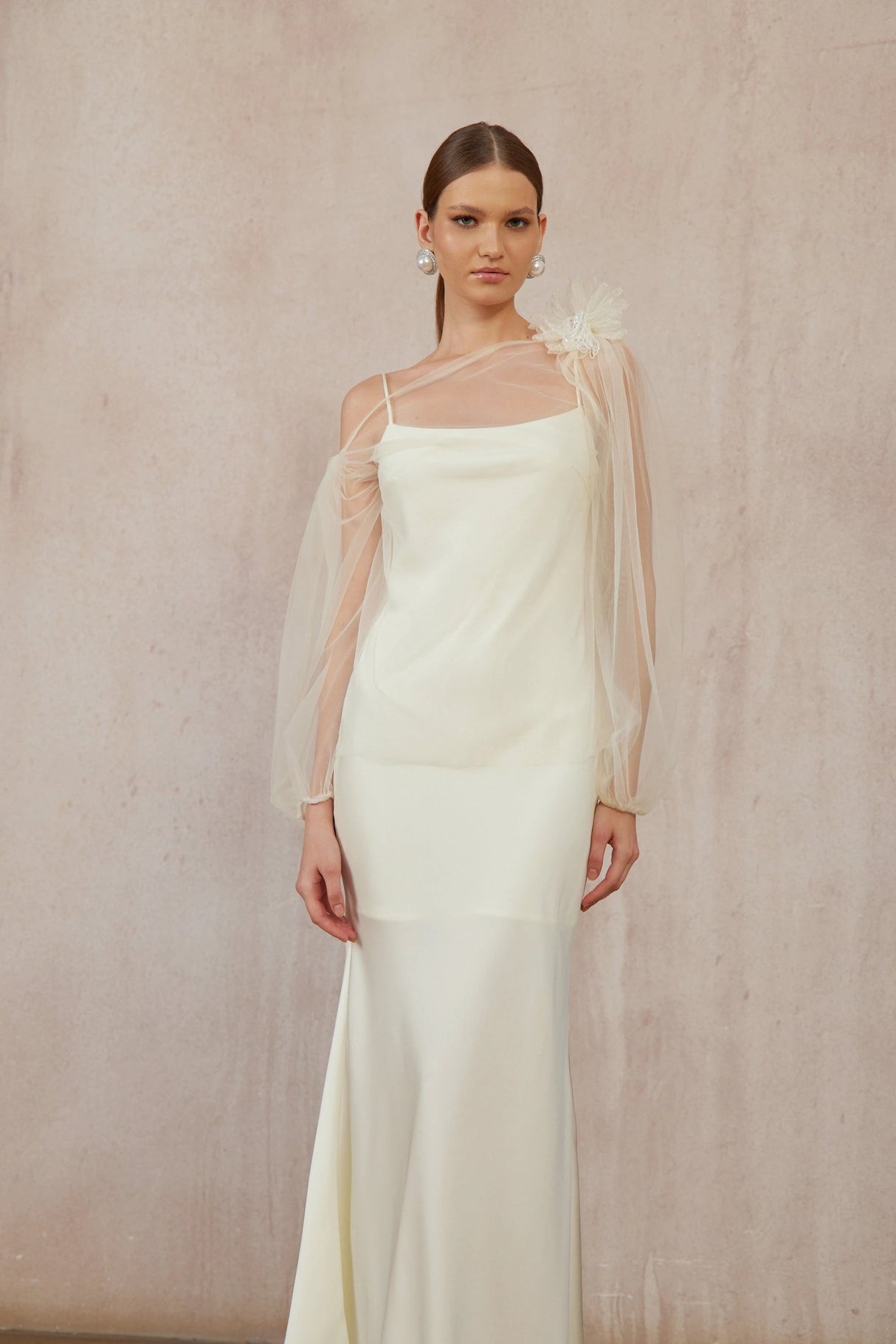 Héloïse White Floral Tulle Blouse Satin Dress Set