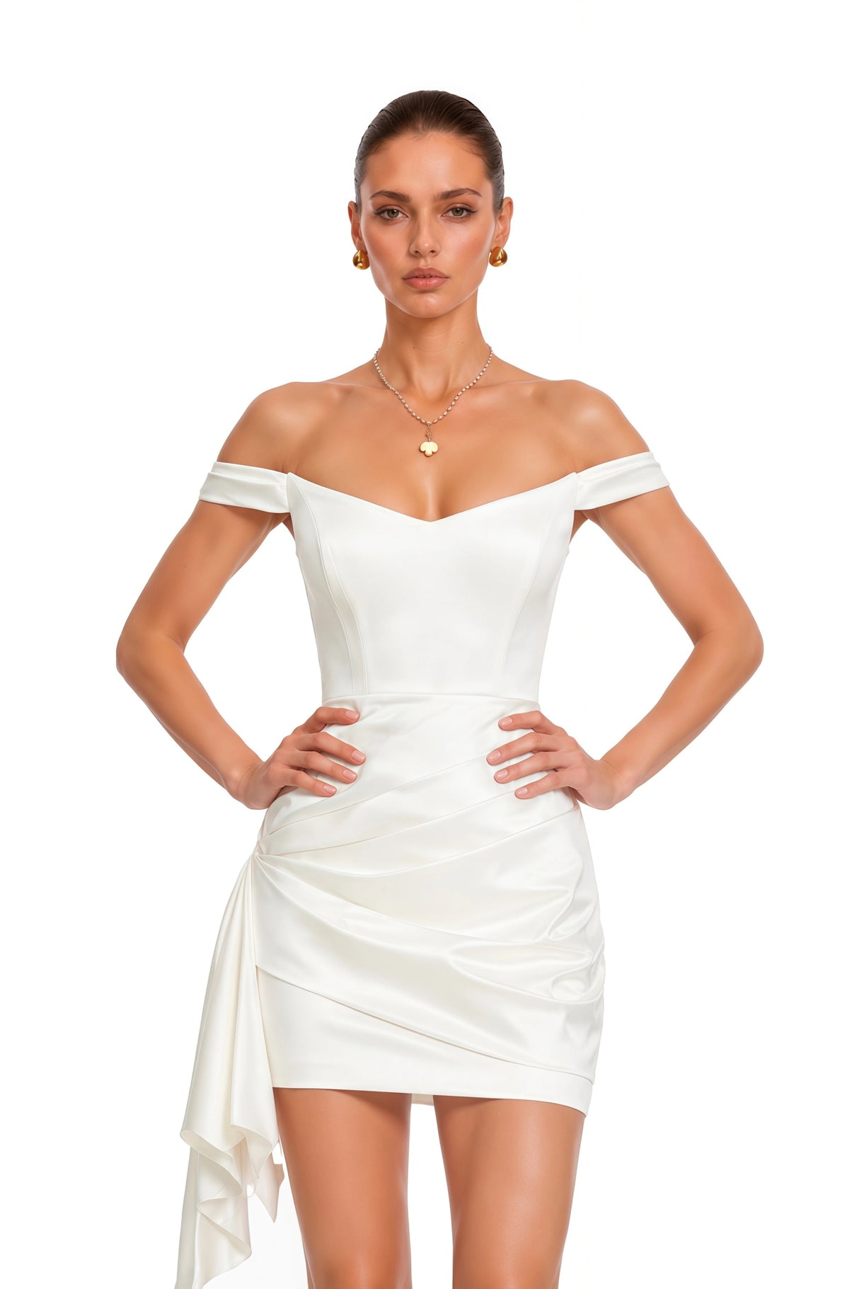 Hermia White Off Shoulder Asymmetrical Draped Mini Dress