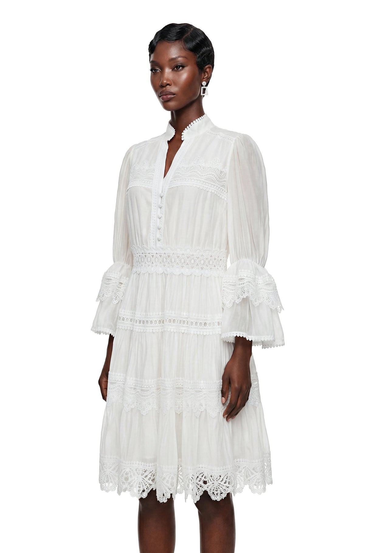 Hespera White Ruffled Floral Lace Mini Dress