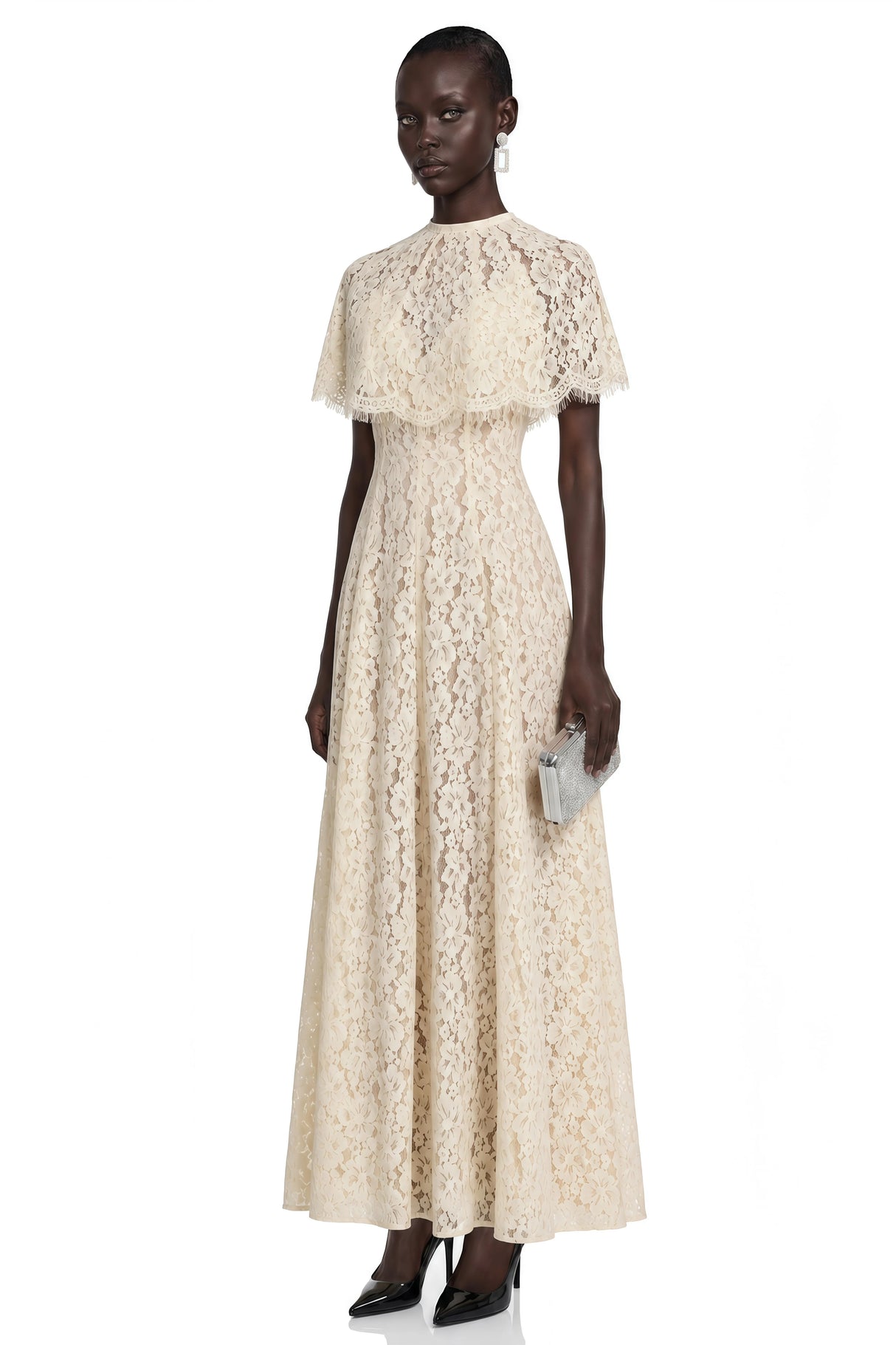 Hikawera White Lace Maxi Dress with Cape