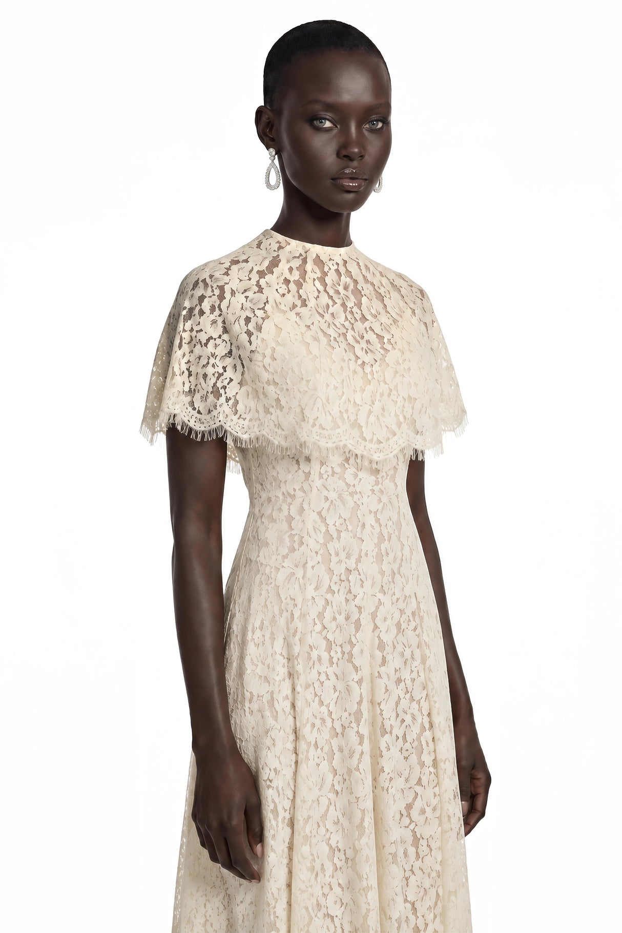 Hikawera White Lace Maxi Dress with Cape