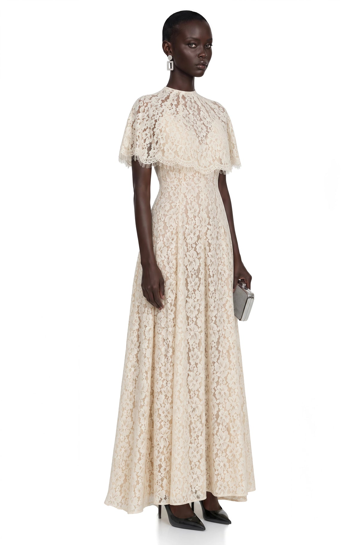 Hikawera White Lace Maxi Dress with Cape