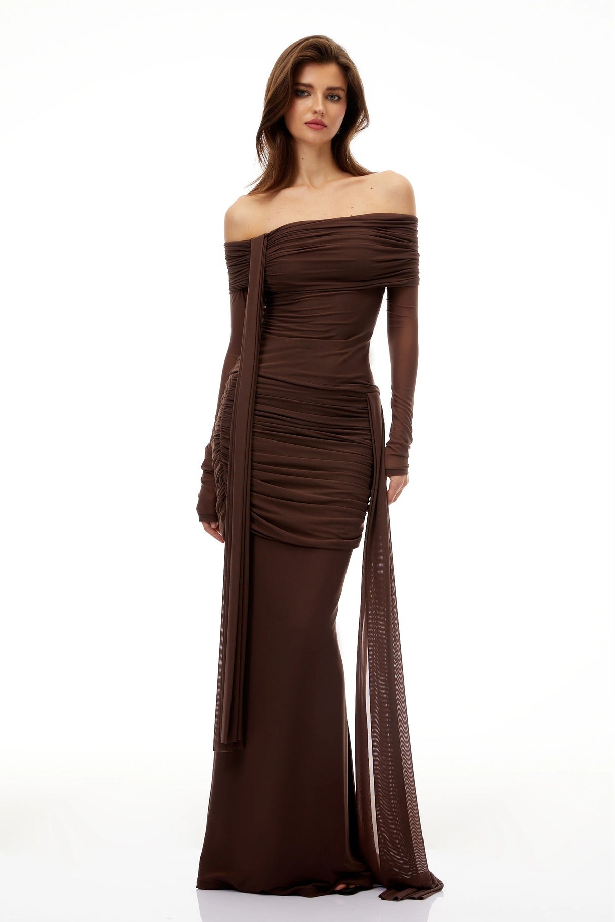 Hyacinthe Brown Asymmetrical Ruched Top Skirt Set