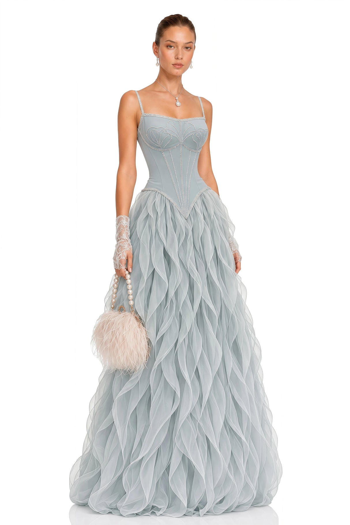 Ianthe Dusty Blue Ruffled Tulle Maxi Dress Without Gloves