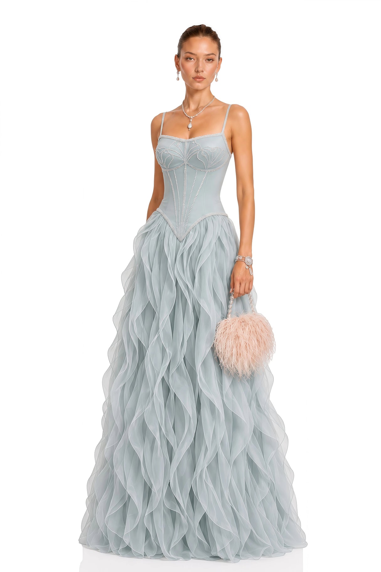 Ianthe Dusty Blue Ruffled Tulle Maxi Dress Without Gloves