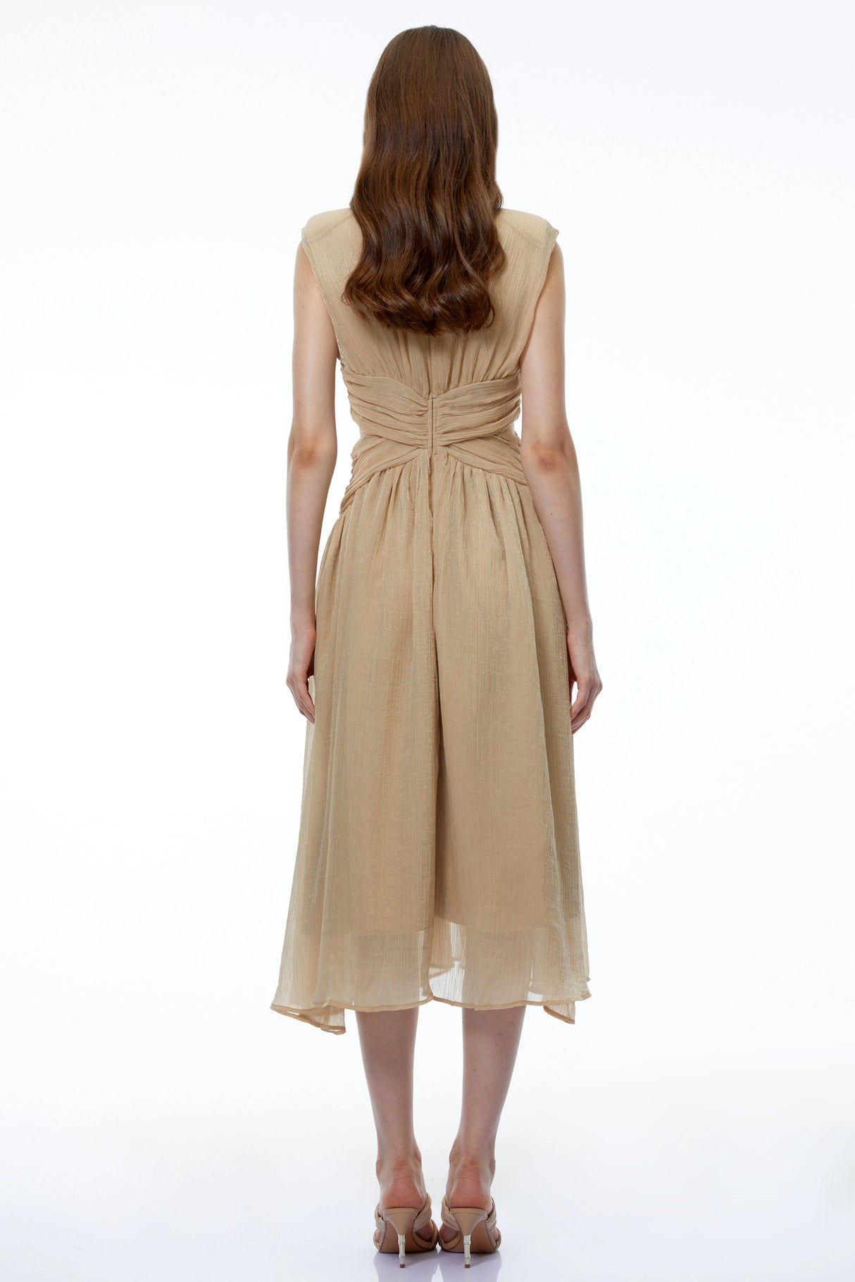 Ihaia Neutral Cross Front Ruched Midi Dress