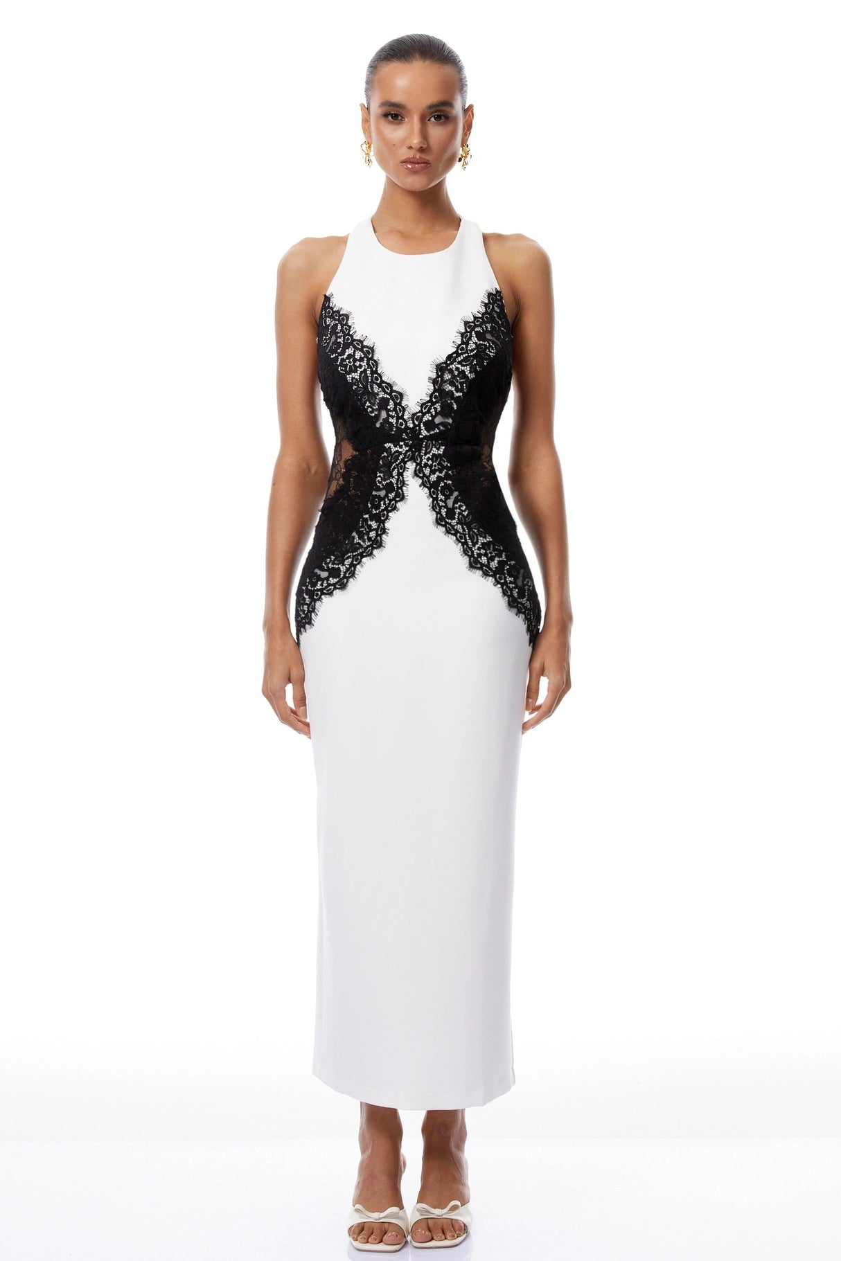 Ilaria White Halterneck Lace Panel Maxi Dress