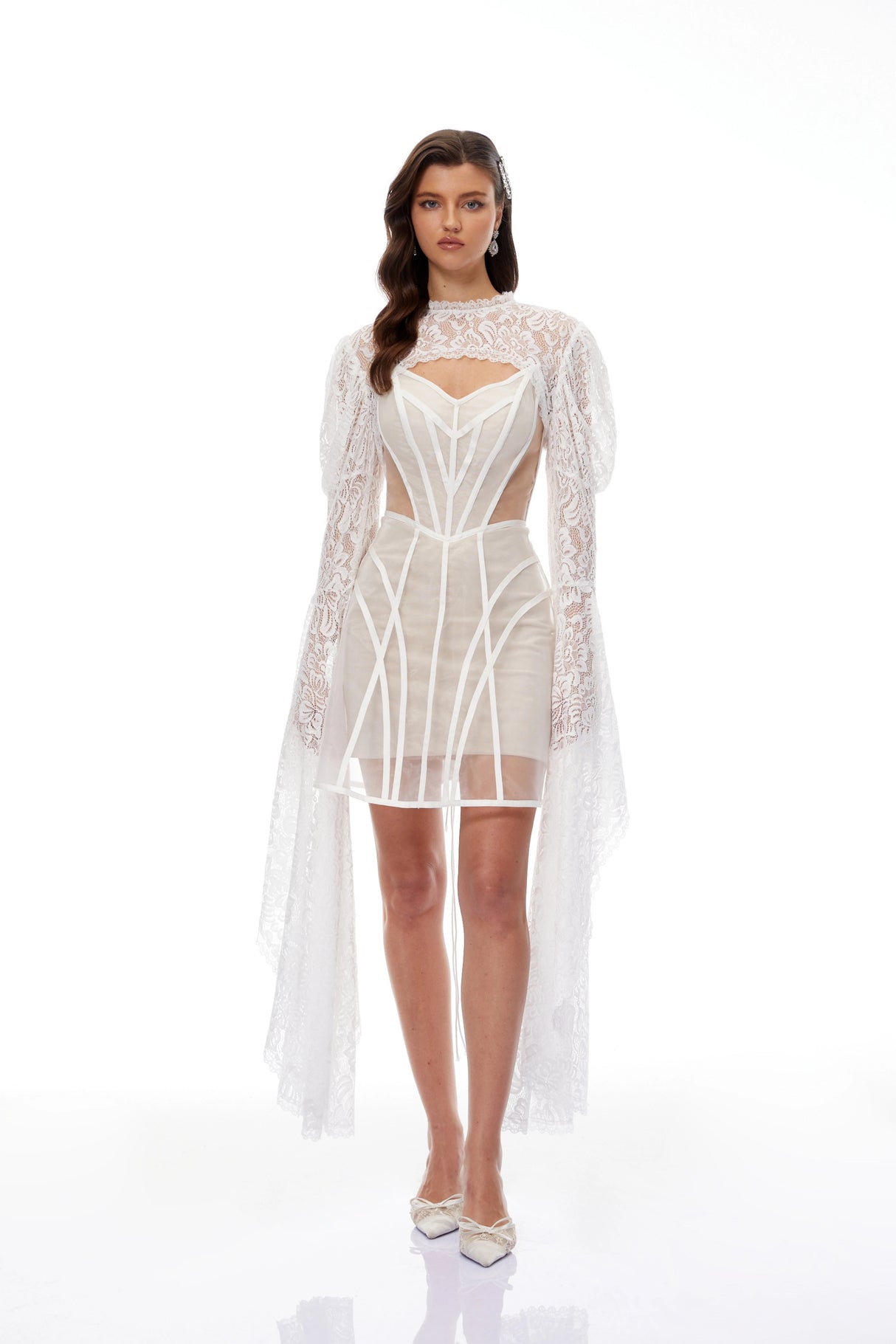 Ilaria White Lace Shrug Linear Organza Dress Set