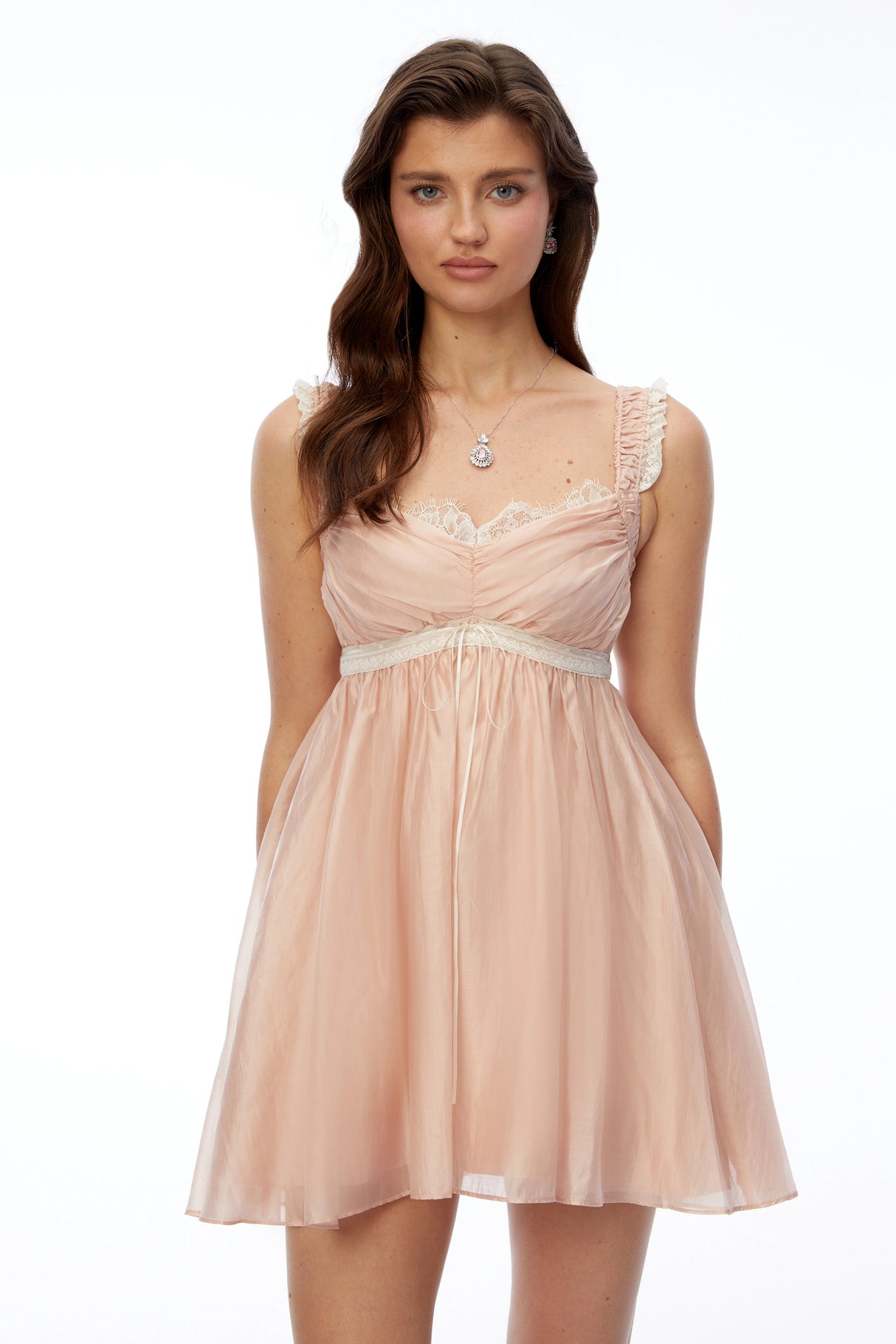 Inez Pink Ruched Mini Dress with Lace Trim