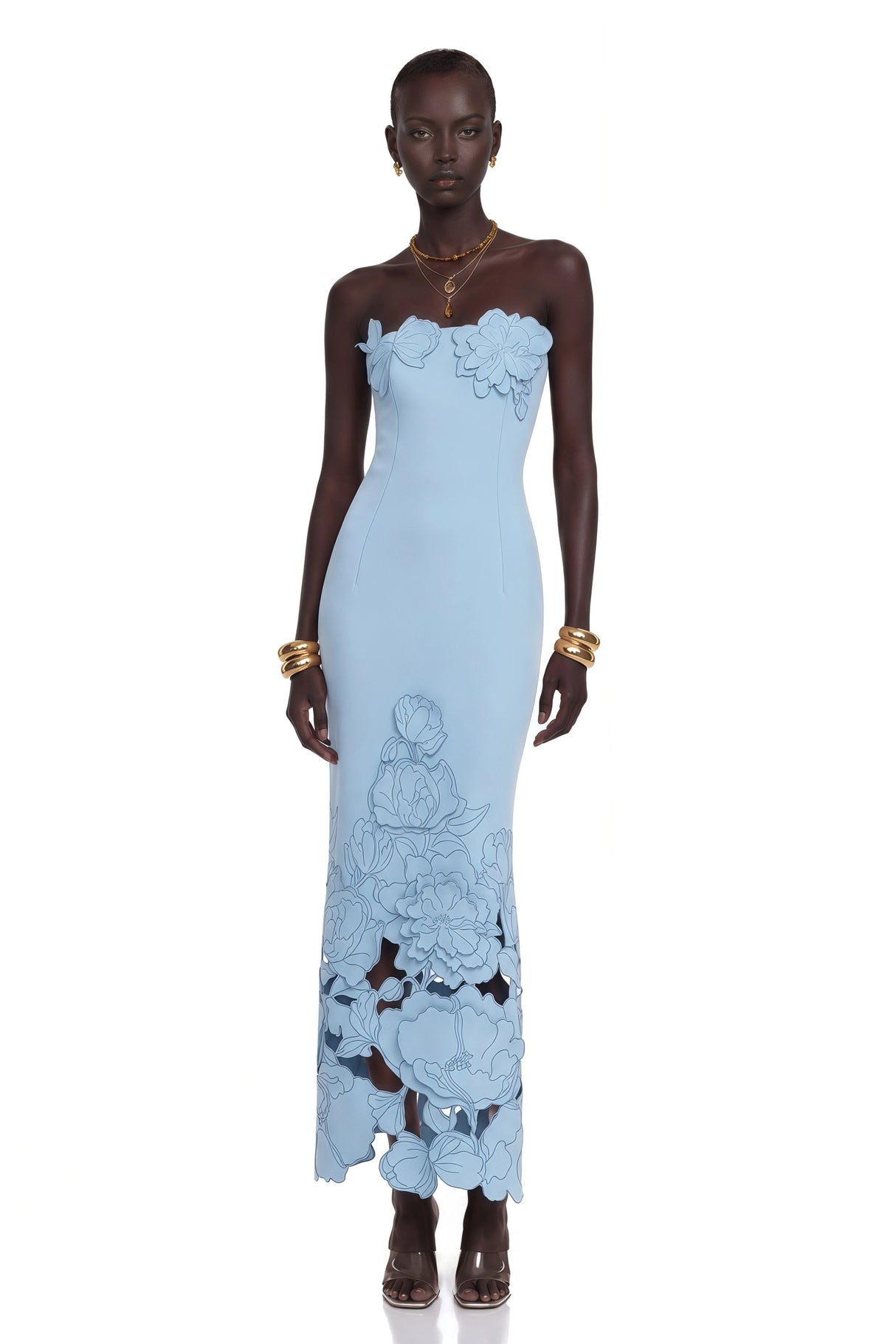Inga Blue Strapless Floral Embroidered Maxi Dress