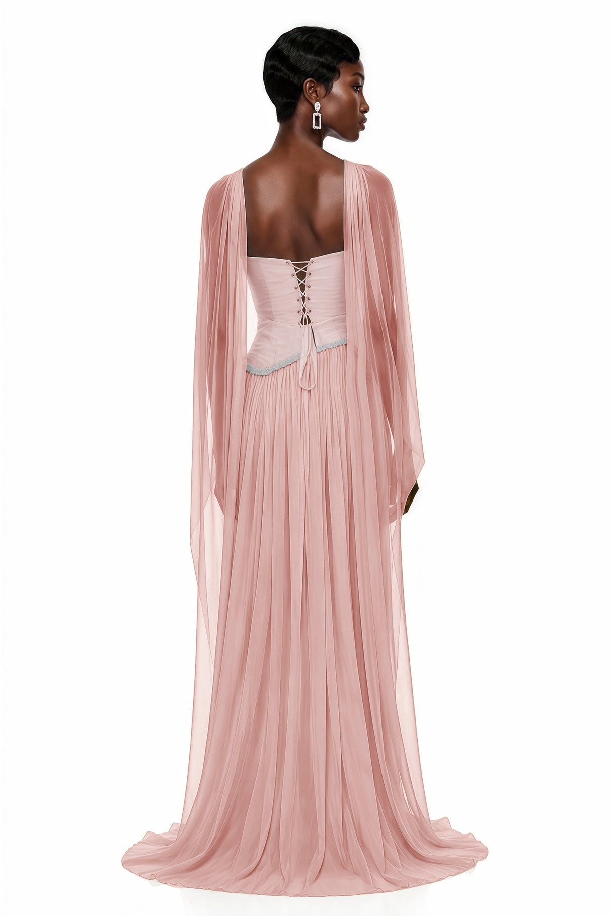 Iris Pink Embellished Asymmetrical Maxi Dress with Cape