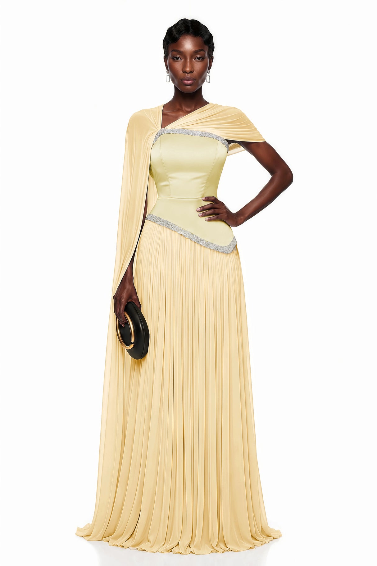 Iris Yellow Embellished Asymmetrical Maxi Dress with Cape