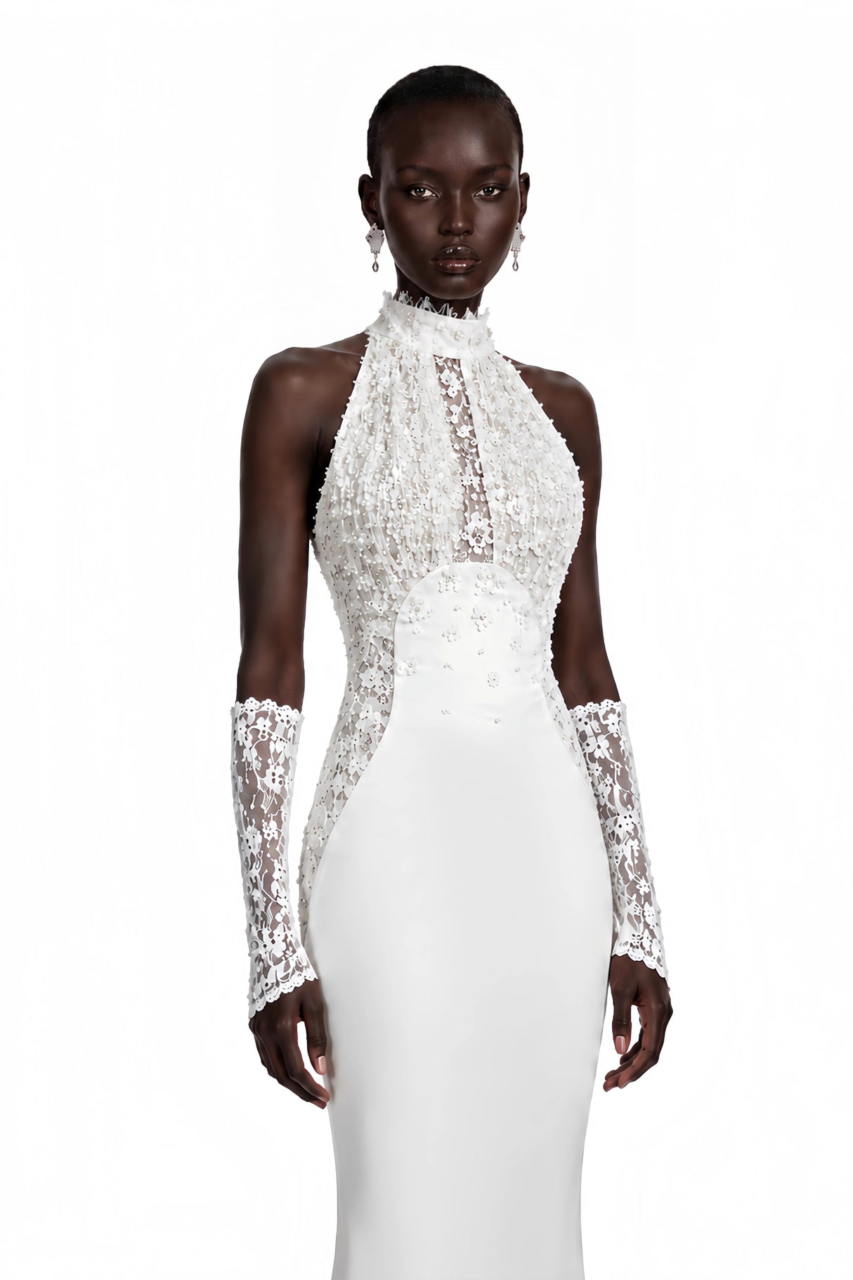 Isabelle White Turtleneck Sequin Ruched Maxi Dress Without Gloves