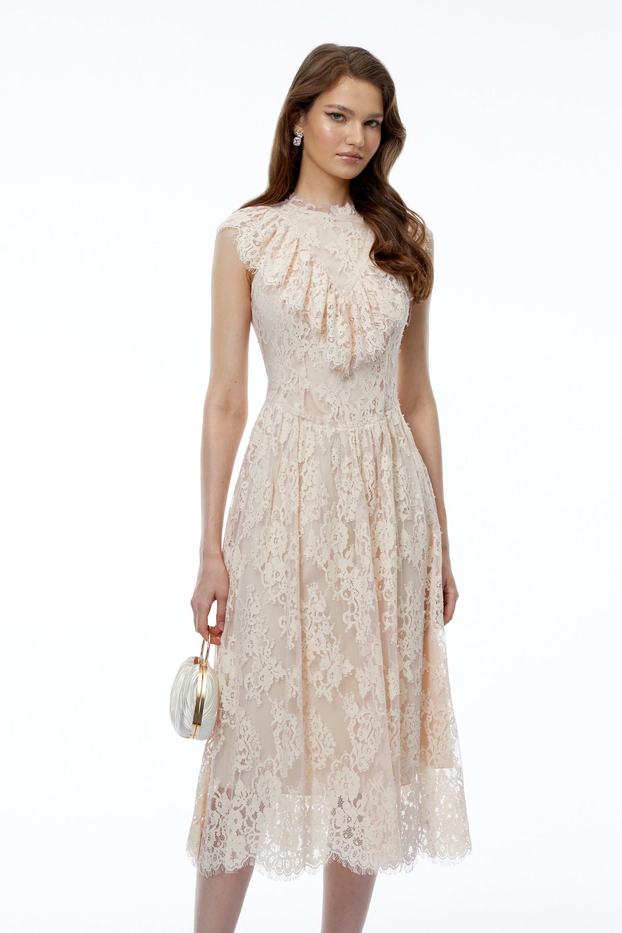 Isla Pink Sleeveless Ruched Midi Dress with Lace Trim