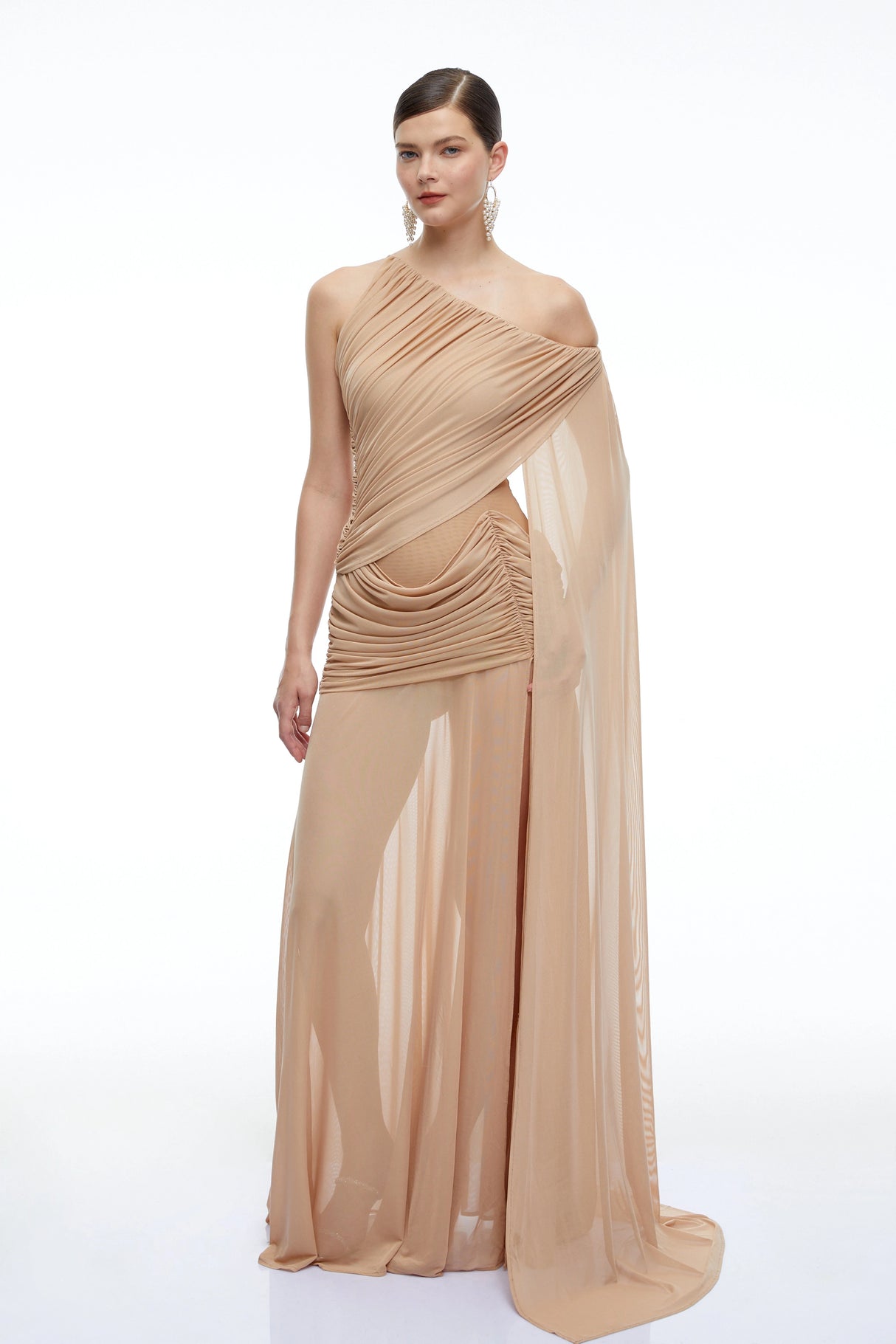 Isolde Brown One Shoulder Ruched Maxi Dress