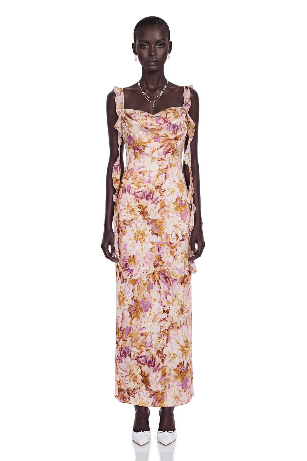 Jade Purple Sweetheart Floral Print Maxi Dress with Ribbon
