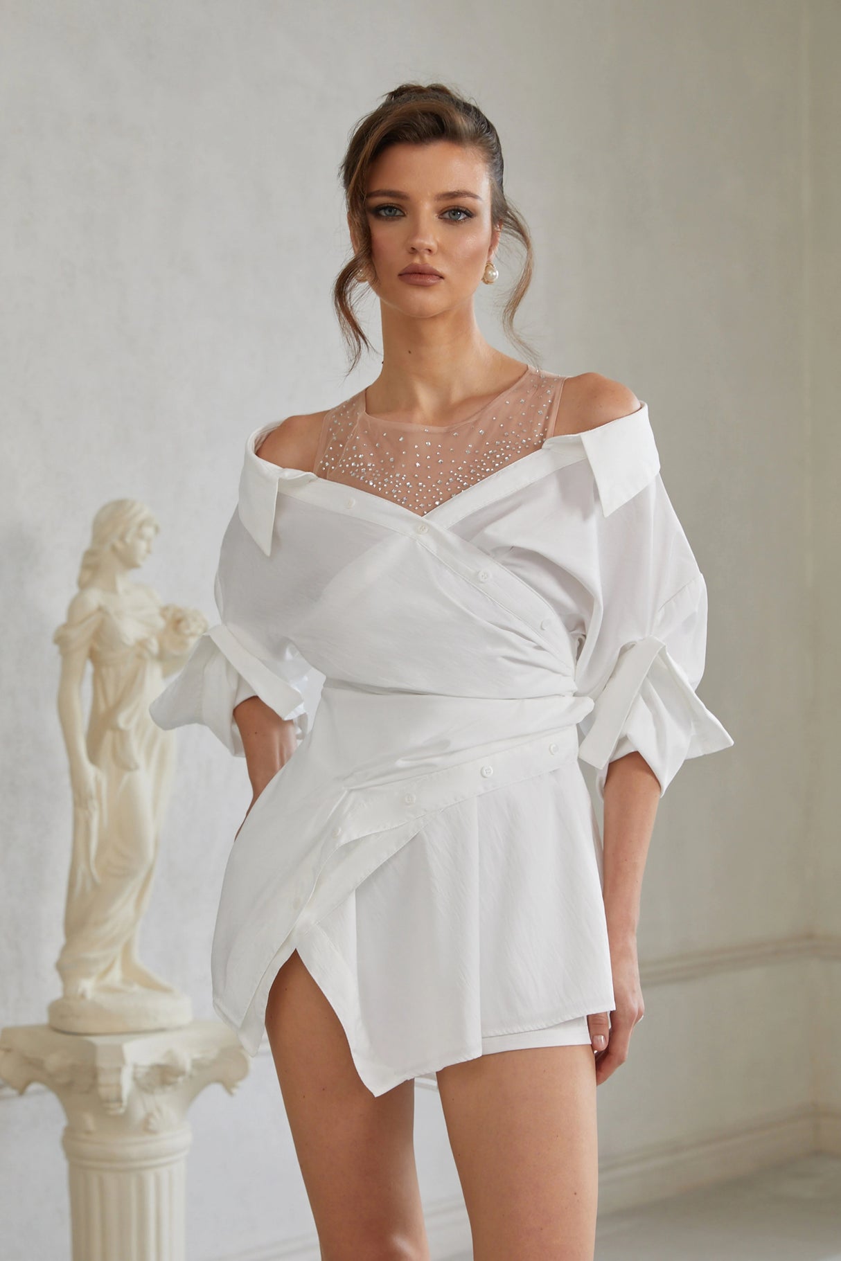 Jamie White Asymmetrical Gathered Mini Shirt Dress