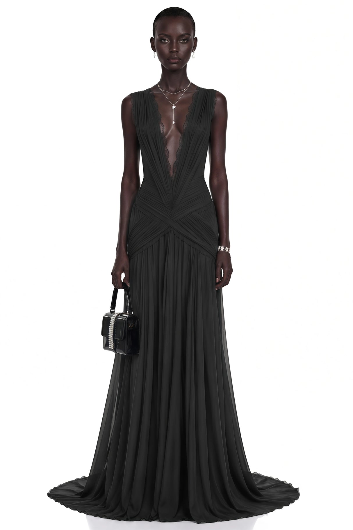 Jasmine Black Plunge Neck Ruched Maxi Dress