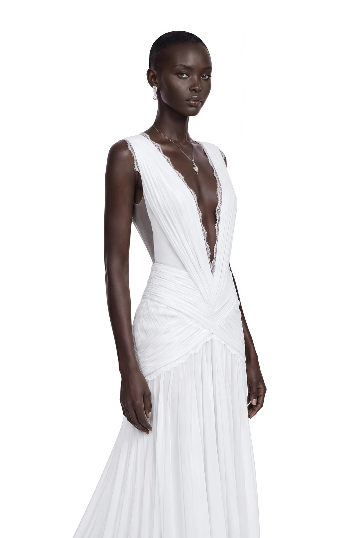Jasmine White Plunge Neck Ruched Maxi Dress