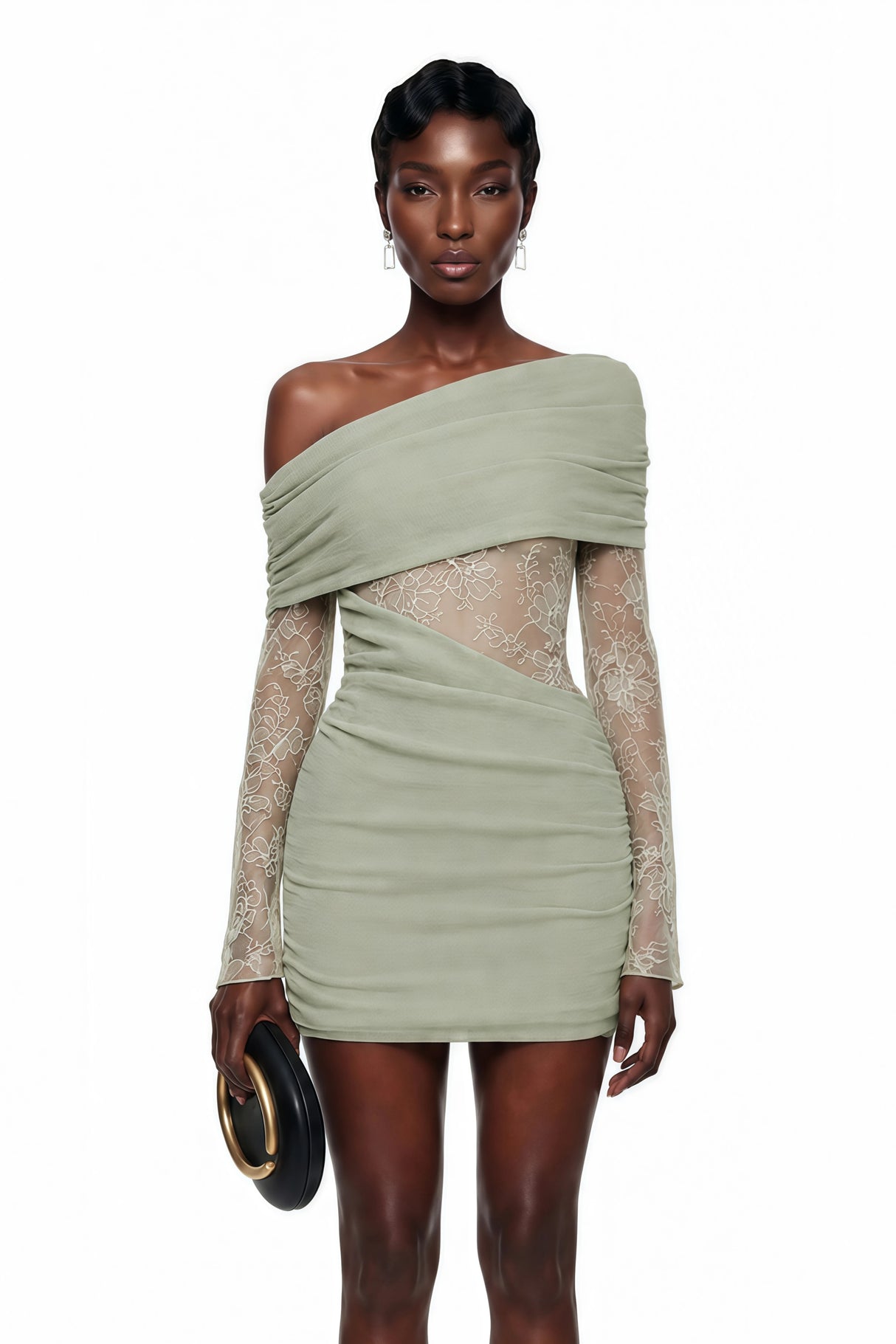 Jeanne Green One Shoulder Mini Dress with Lace Panels