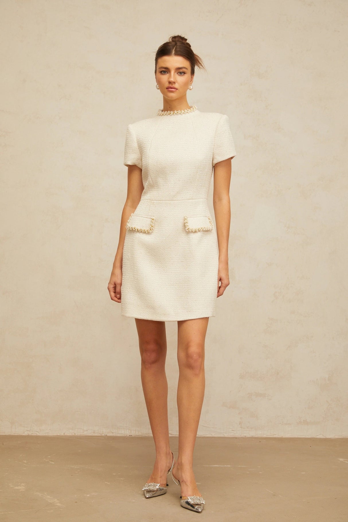 Jeanne white embellished tweed mini dress